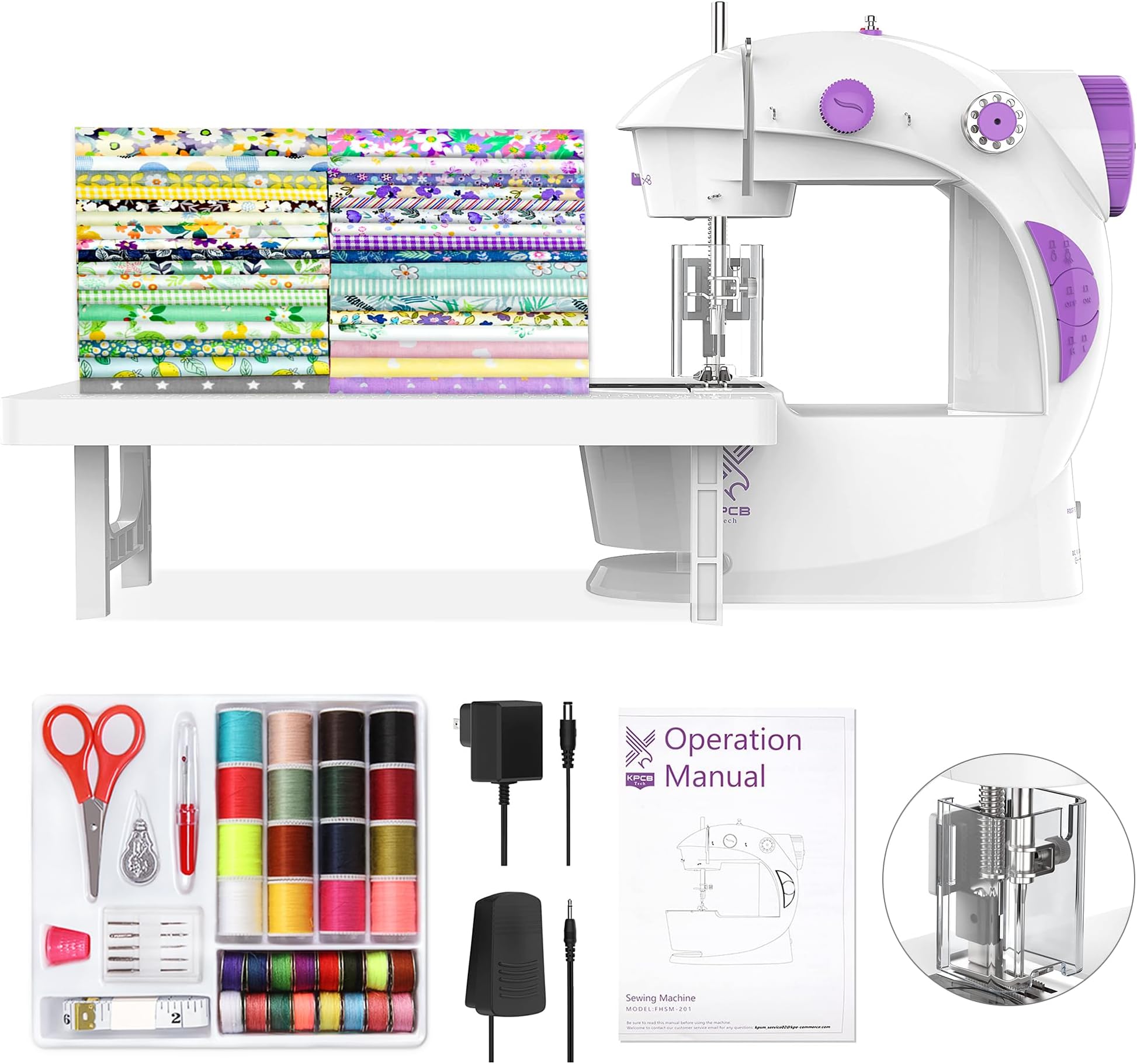 Sewing Machine for Beginners [Full Set] with Finger Guard and Fabric Bundles - Mini Sewing Machine with Sewing Kits, Foot Pedal, US Adapter and Extension Table