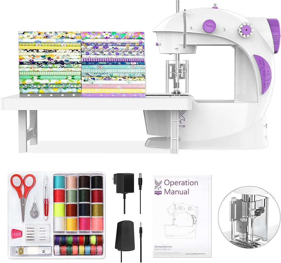 Sewing Machine for Beginners [Full Set] with Finger Guard and Fabric Bundles - Mini Sewing Machine with Sewing Kits, Foot Pedal, U