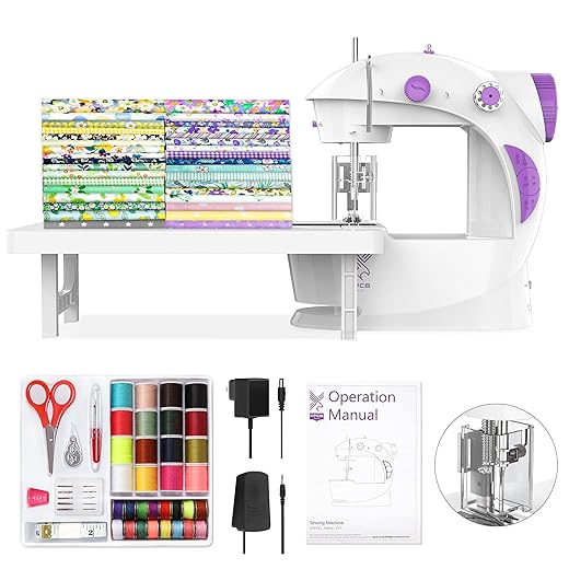 KPCB Sewing Machine for Beginners [Full Set] with Finger Guard and Fabric Bundles - Mini Sewing Machine with Sewing Kits, Foot Pedal, US Adapter and Extension Table
