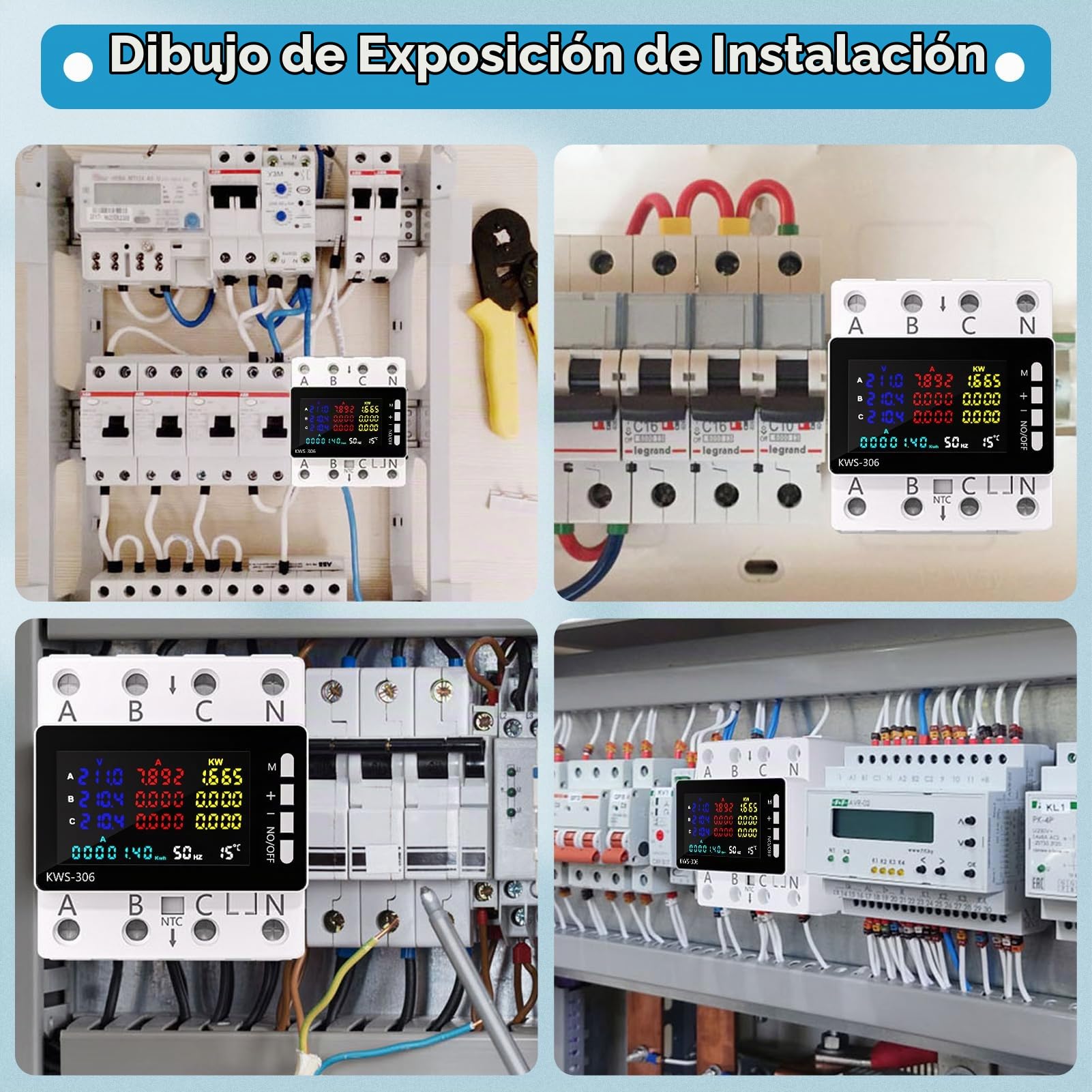 Medidor de Consumo Electrico Trifasico, 9 en 1 Medidor de Energía Digital Contador Electrico carril DIN con Memoria de apagado, Protección contra Sobretensión/Subtensión 85-290VAC 80A (Sin WiFi)
