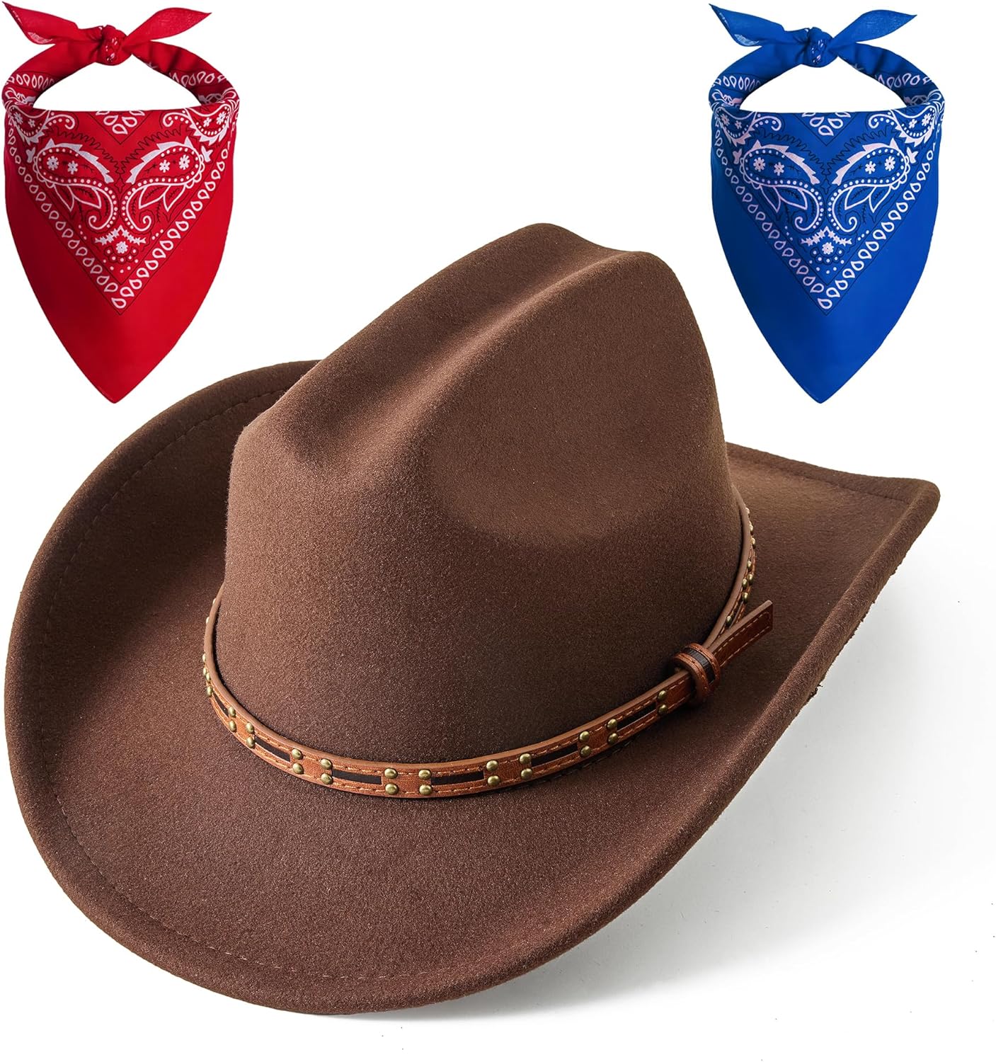 Jastore Cowboy Hat for Kids Boys Girls Cattleman Wide Brim Western Cowgirl Hat with 2 Cowboy Red and Blue Bandanas