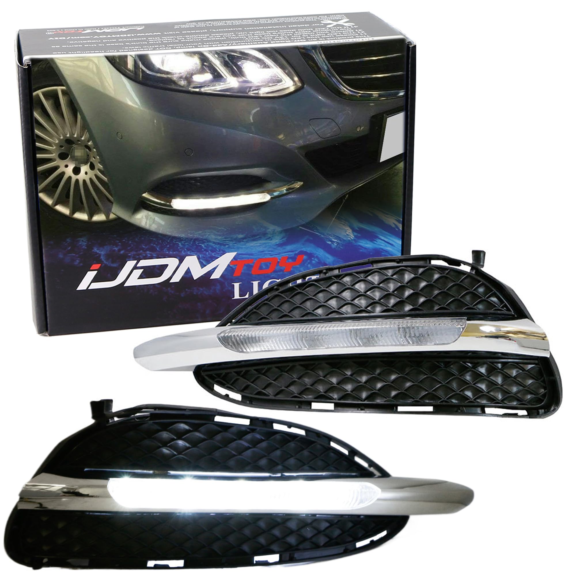 iJDMTOY Xenon White LED DRL Fog Lamps Kit Compatible With 13-15 Mercedes W212 E-Class Sedan Facelift, OEM Exact Fit Daytime Running Lights assembly Powered by (8) High Power LED Lights