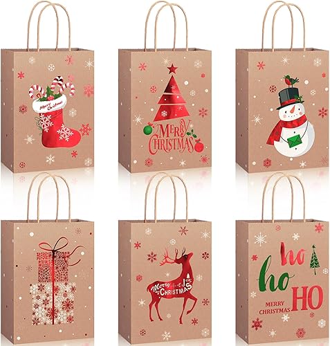 Containlol 18 bolsas de regalo de papel kraft de Navidad con asas, tamaño mediano, para fiestas de Navidad, bolsas de regalo de papel dorado a