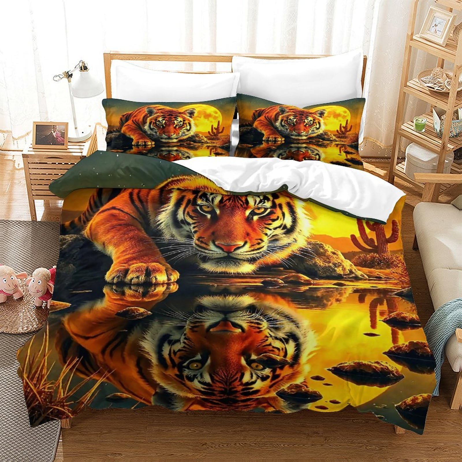 Parure de lit tigre 200x200 avec housse de couette microfibre douce et taies d'oreillers 3D