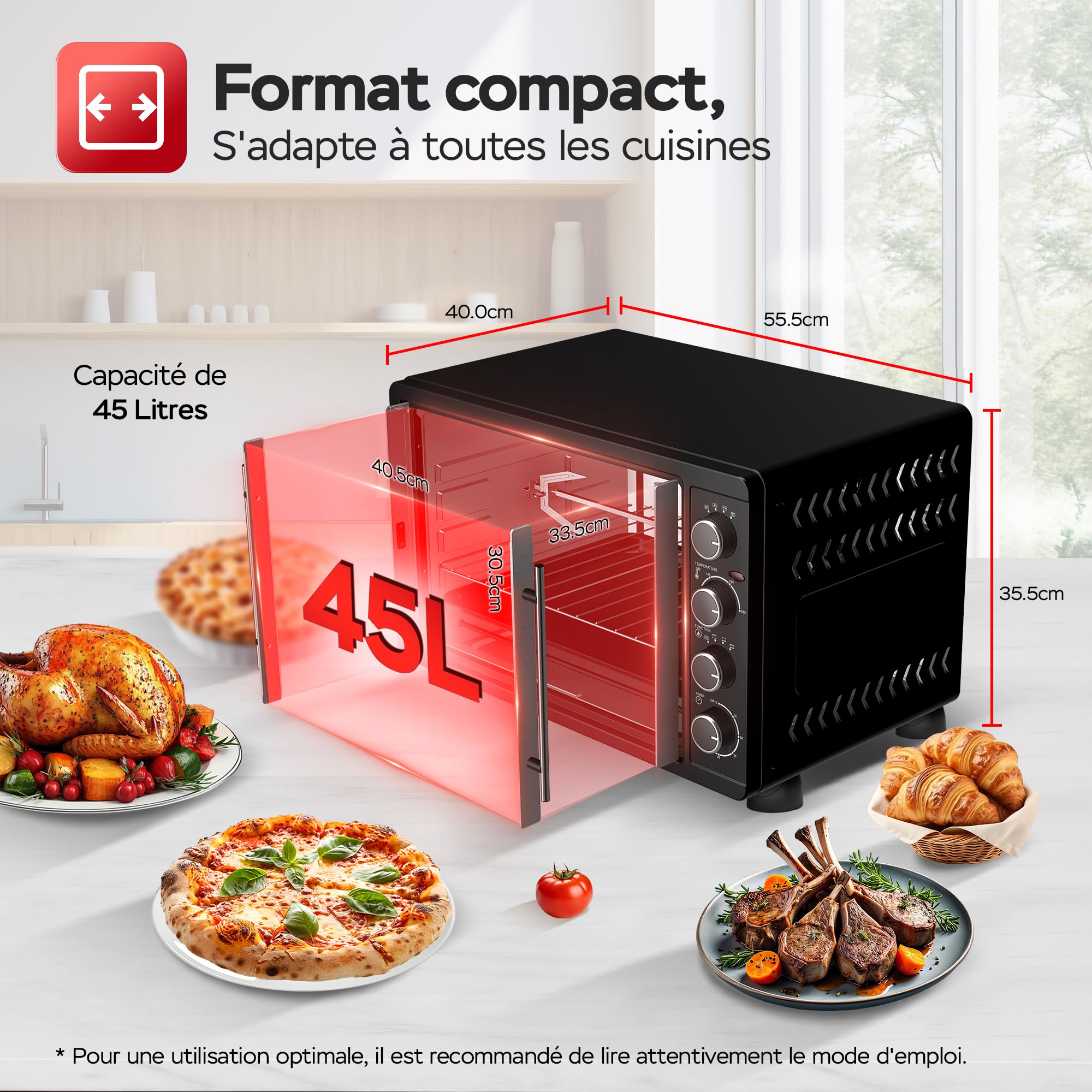 TurboTronic Mini four avec chaleur tournante, 45 l, noir, 2000 W, tournebroche, minuteur, mini four, four à pizza, plaque de cuisson, éclairage intérieur