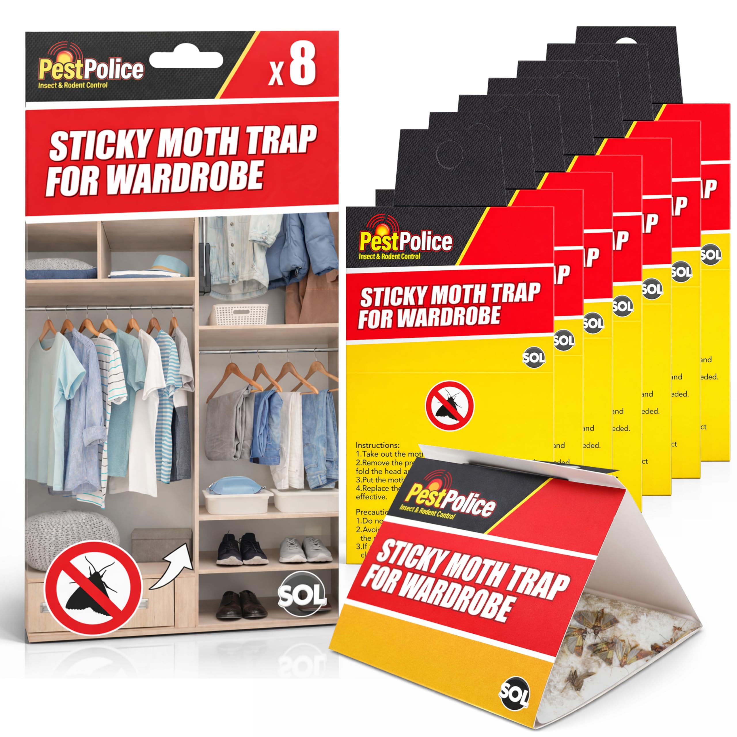 SOL 8pk Sticky Moth Traps for Wardrobe, Killer and Repellent for Pantry, Odourless Insect Catcher, Protects Clothes and Food Storage, Safe, Easy to Use, Long-Lasting Defence Against Infestation