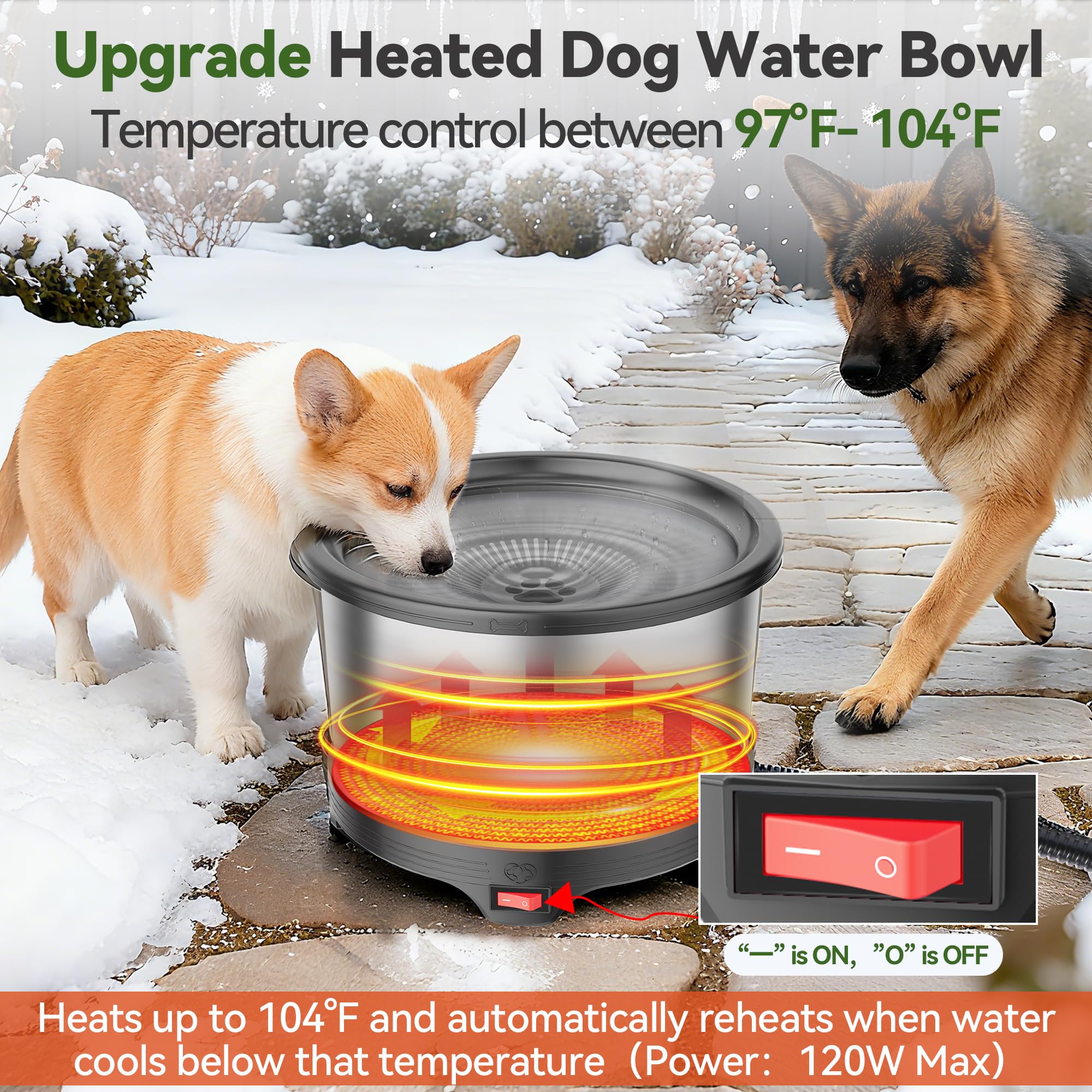 Cuenco térmico para perros de 6,5 L, cuenco de agua caliente de acero inoxidable para exteriores | Gran capacidad, diseño de bebida lenta, agua tibia para perros en invierno, control de termostato, cuenco sin congelación