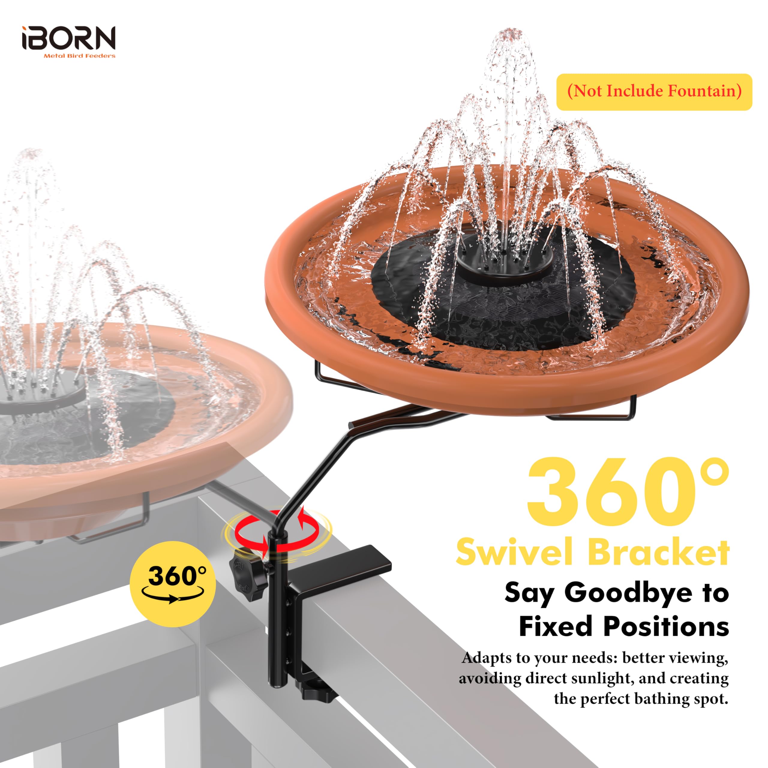 iBorn Bird Bath for Outside,Deck Mounted Bird Bath 12in，Birds Baths for Outdoors with Adjustable Clamp 3.2in，BPA-Free Bowl，360&deg;Swivel & Adjustable Height Bracket，Detachable Birds Baths, Pack of 1 - image 6