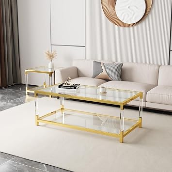 Gold Coffee Table with Storage, 2-Tier Rectangular Glass Coffee Table with Storage Mirror Shelf, 47.2" W Small Center Tea Table with Anti-Slip Foot Pad and Acrylic Frame