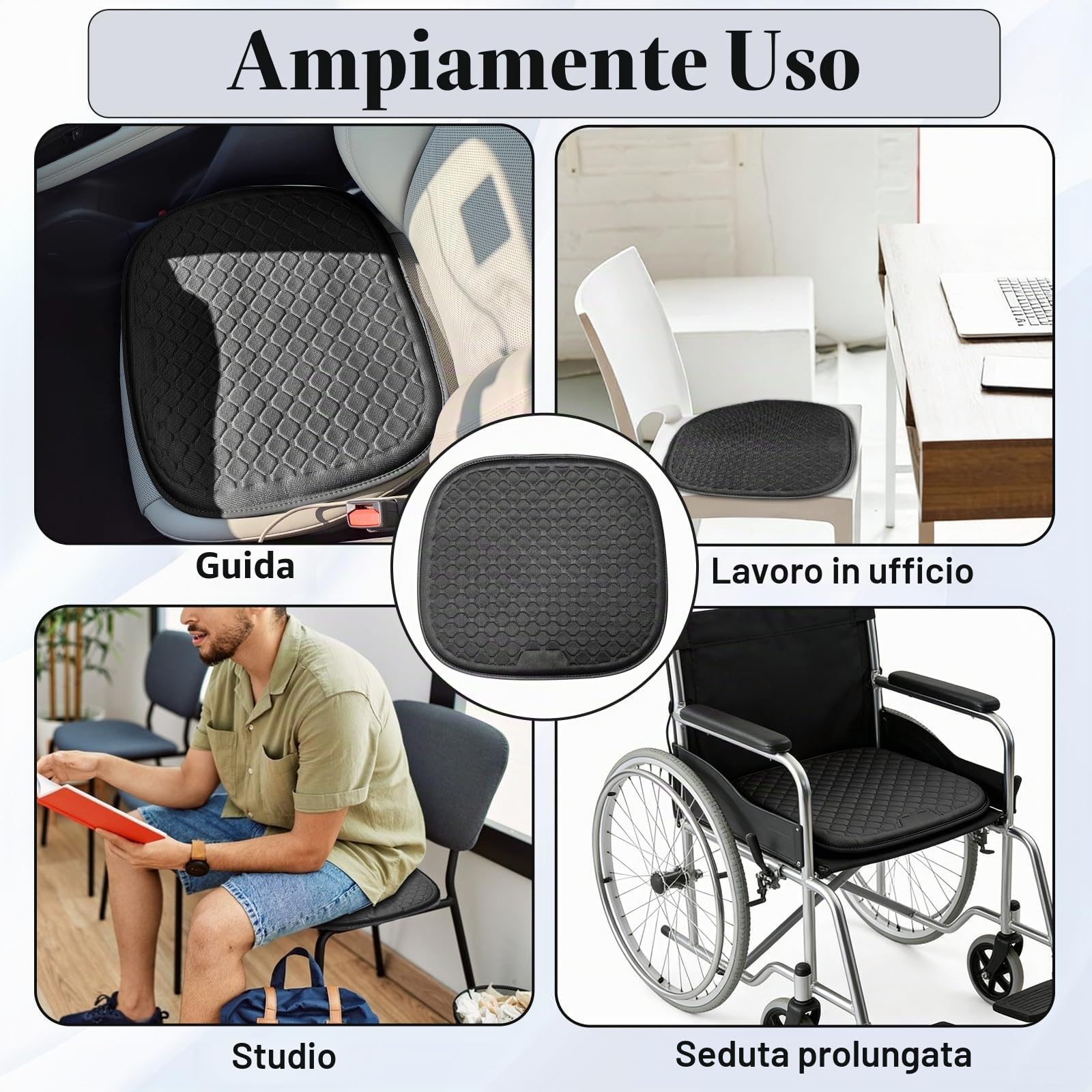 Cuscino in Gel per Sedia con Effetto Freddo 3D, Cuscino Traspirante a Nido d'Ape per Coccige e Lombare, per Auto Camion Ufficio Casa Sedia a Rotelle, 49 x 46 cm (Nero)