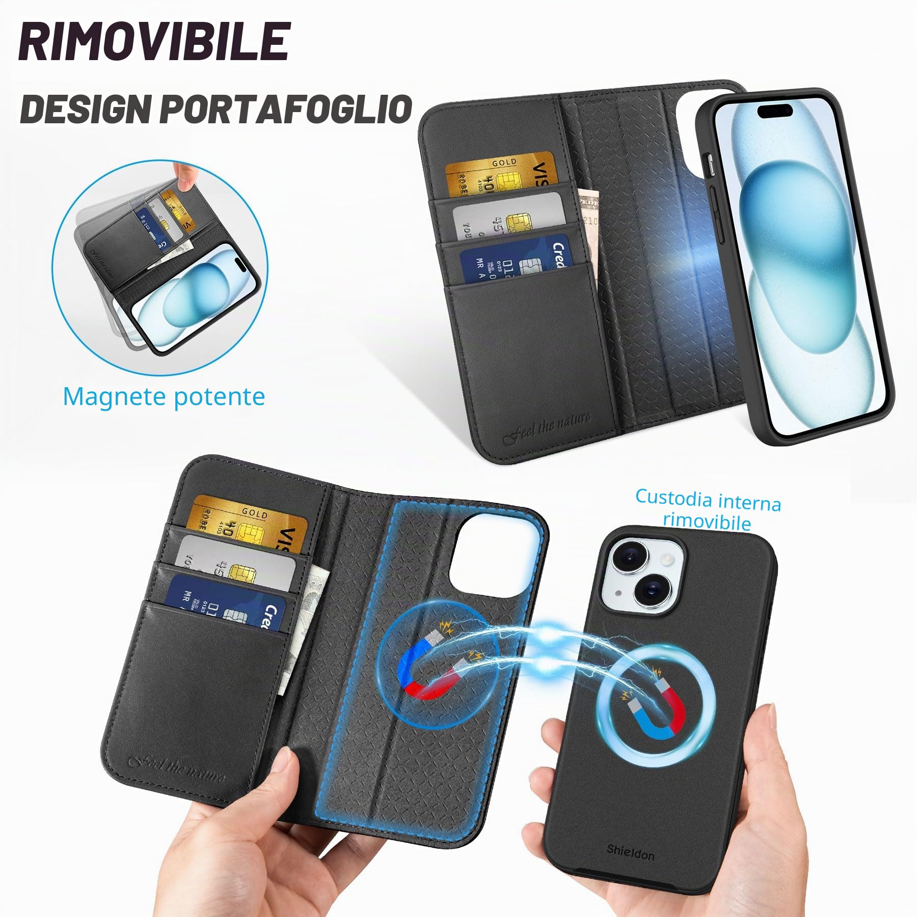 SHIELDON Custodia 2 in 1 in Vera Pelle per iPhone 15 6,1" 5G 2023, Nero