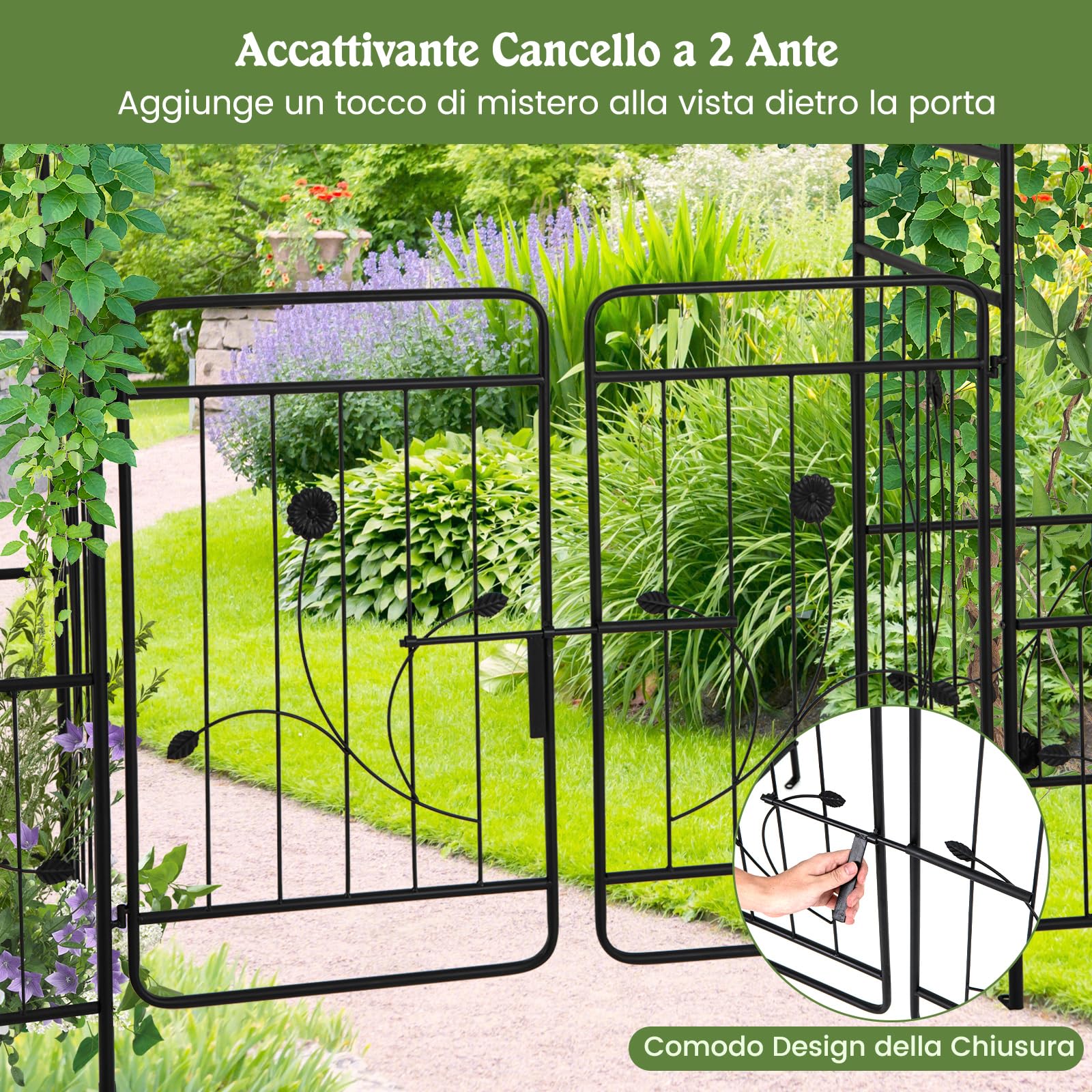 COSTWAY Arco da Giardino, Pergolato in Metallo con Cancello Bloccabile e Fioriere Laterali, Arco per Piante Rampicanti e Viti da Uva, Decorazione per Cerimonia Matrimoniali