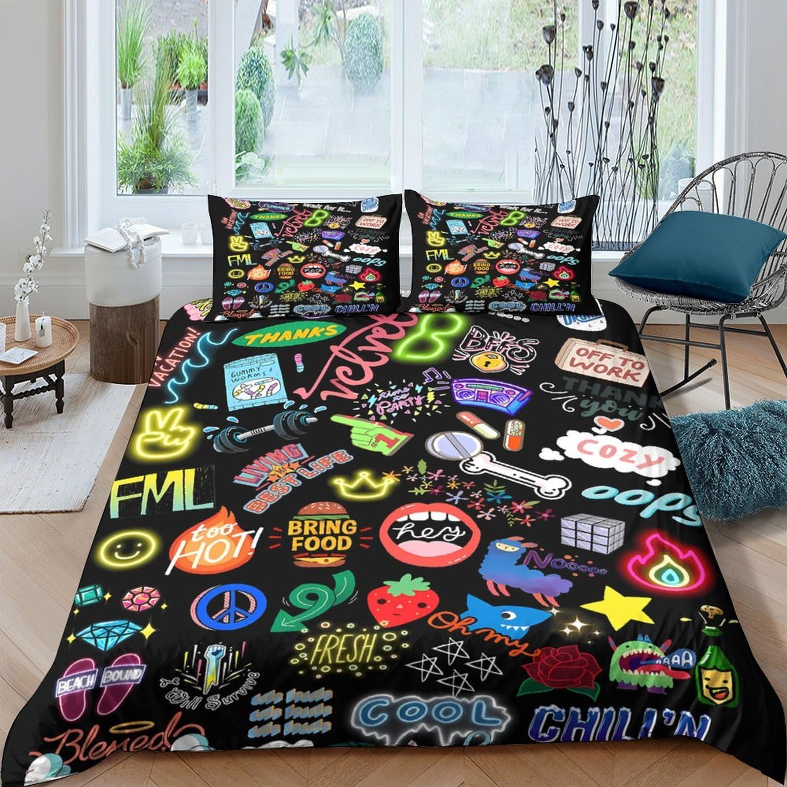 3D Printed Graffiti Pop Art Duvet Cover Microfiber Soft Breathable Cartoon Icon Bedding Set with 2 Pillowcases for Bedroom Decor Single（135x200cm）