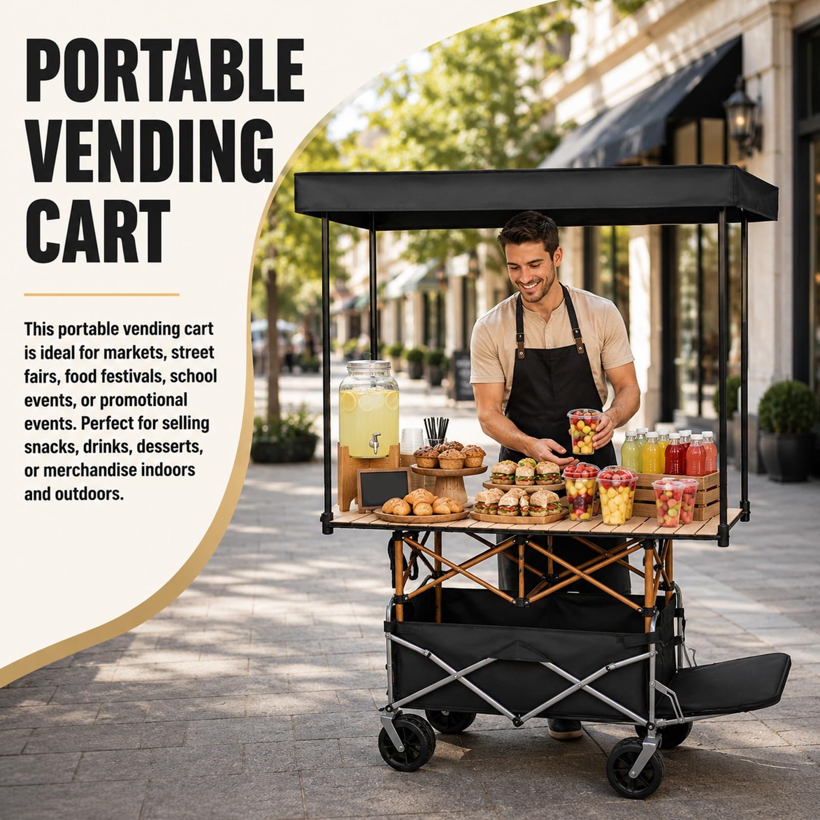 HARELA Carro de Venta Ambulante, Carrito de Comida Callejero, Genérico Puesto De Mercado con Toldo, Carrito De Vendedor De Comida para Venta De Alimentos(Pink)