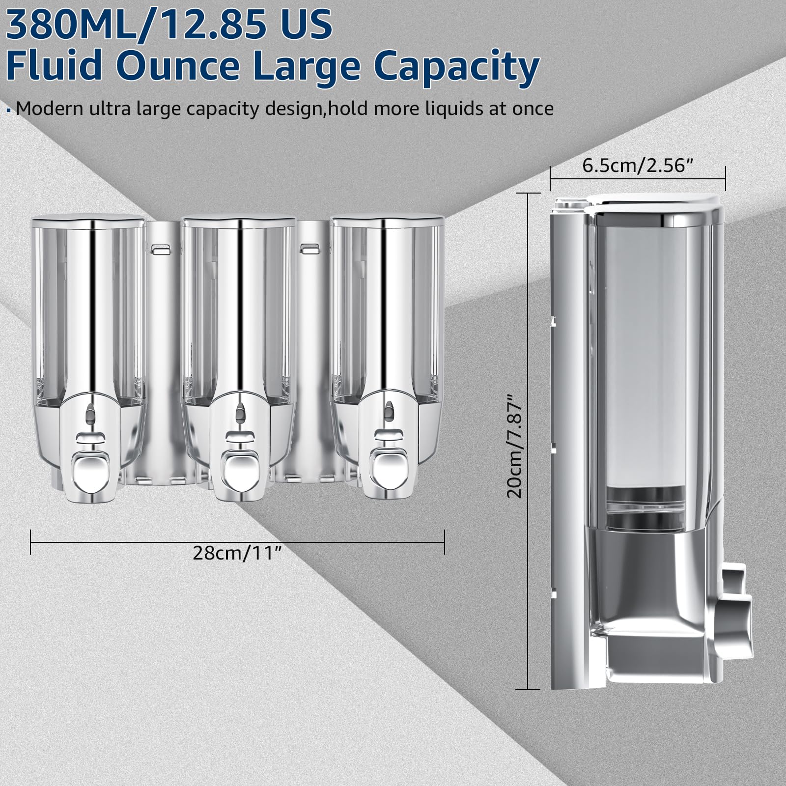 Shampoo and Conditioner Dispenser Shower Dispenser 3 Chamber No Drill 3x380ml Shampoo Dispenser for Shower Wall Mounted Shampoo Conditioner Body Wash Dispenser for Bathroom,Large Capacity,Chrome