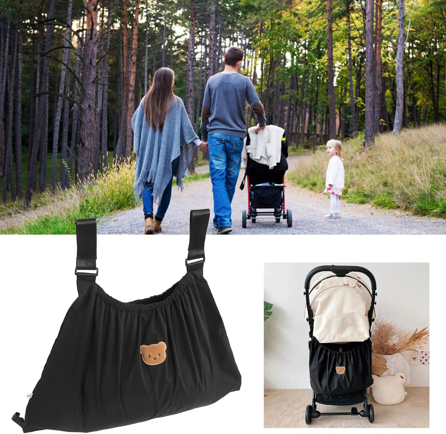 Agatige Stroller Bag Organizer, Bear Pattern Nylon Reusable Washable Stroller Organizer Baby Stroller Accessories for Holding Mobile Phone Wallets Milk Bottles(Black)