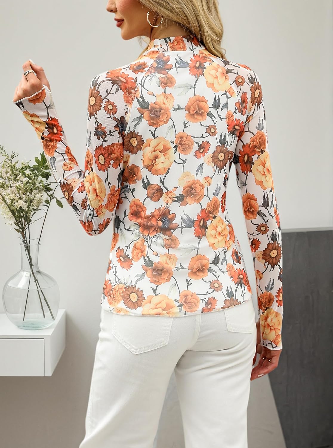 Floral Mesh Top for Women Mock Neck Long Sleeve Floral Shirts Double Layered Going Out Tops Fall Outfits - Image 4