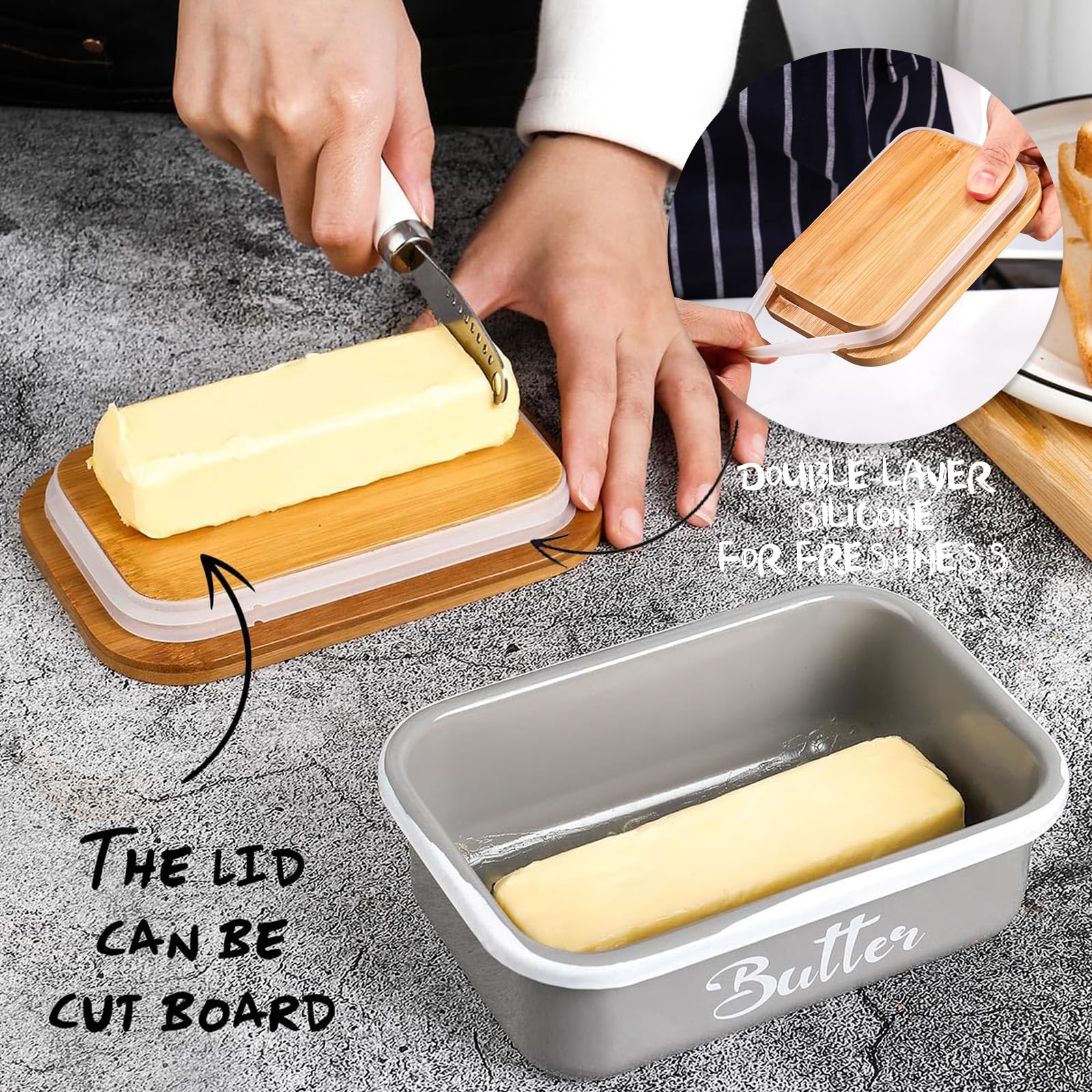 Butter Dish with Lid,Metal Butter Keeper with Stainless Steel Multipurpose Butter Knife,Lightweight Unbreakable Butter Container for Countertop Upgrade Double Silicone Seal - Image 4