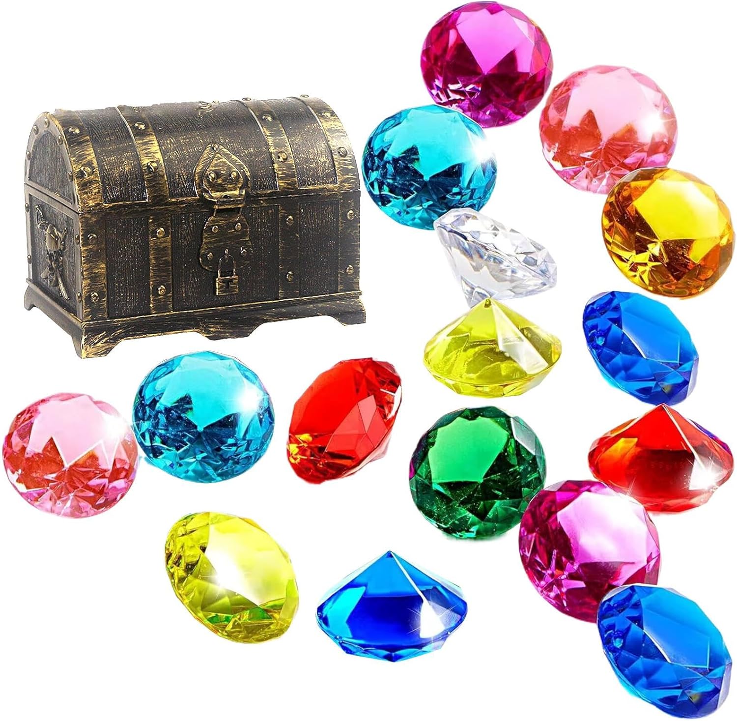 Pool Diving Gems - Underwater Treasure Jewel Toy Set with Wooden Chest, Colorful Acrylic Dive Jewels, Swimming Pool Training Sink Toys, Decorative Vase Fillers & Fish Tank Ornaments | for Kids