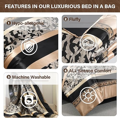 Miniatura 7 de SahSahCasa Juego de edredón de lujo de 7 piezas, color negro y dorado, juego de ropa de cama de jacquard sedoso con falda de cama, almohadas