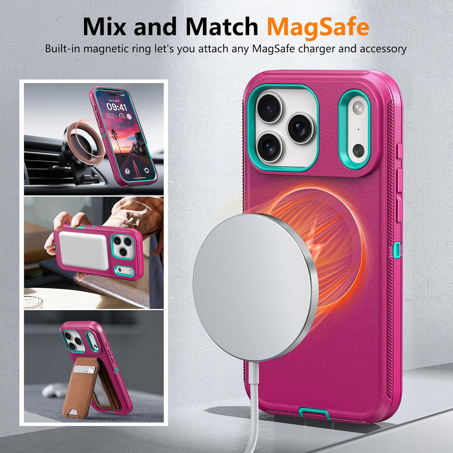 TUTUKII Compatible with iPhone 17 Pro Case with Screen Protector, Shockproof, Compatible with MagSafe, 3-Layer Drop Protection, Heavy Duty Magnetic Phone Case Cover, 6.3", Hot Pink/Teal