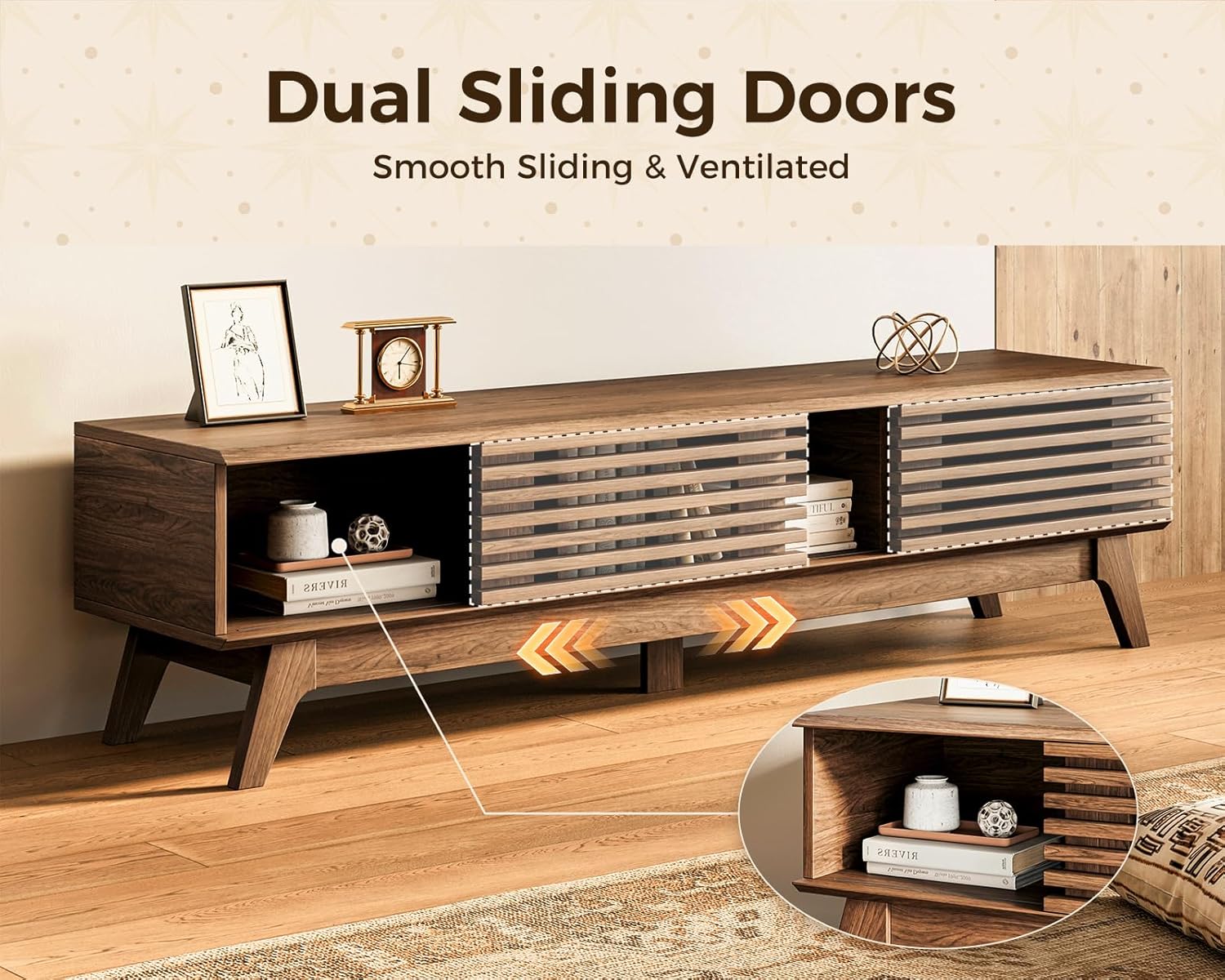 AODK 59" TV Stand for 55"/60"/65" TVs, Mid-Century Modern Fluted Entertainment Center with Sliding Doors, Storage Cabinets & Media Console Table, Living Room & Bedroom, Walnut