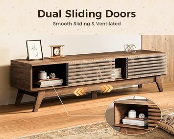 AODK 59 TV Stand for 55/60/65 TVs, Mid-Century Modern Fluted Entertainment Center with Sliding Doors, Storage Cabinets & Media Console Table, Living Room & Bedroom, Walnut