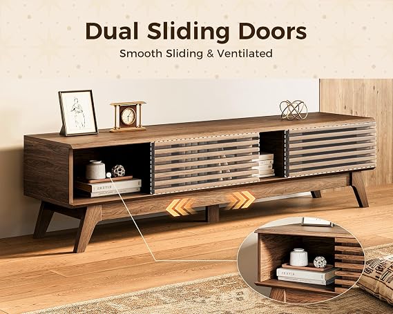 AODK 59 TV Stand for 55/60/65 TVs, Mid-Century Modern Fluted Entertainment Center with Sliding Doors, Storage Cabinets & Media Console Table, Living Room & Bedroom, Walnut