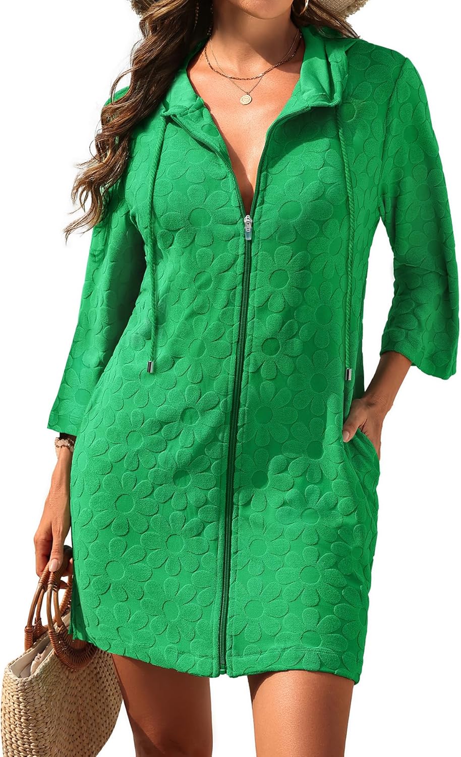 Yonique Terry Cloth Cover Up - Long Sleeve Cover Swimsuit Hooded Zipper Beach Cover-up with Pockets