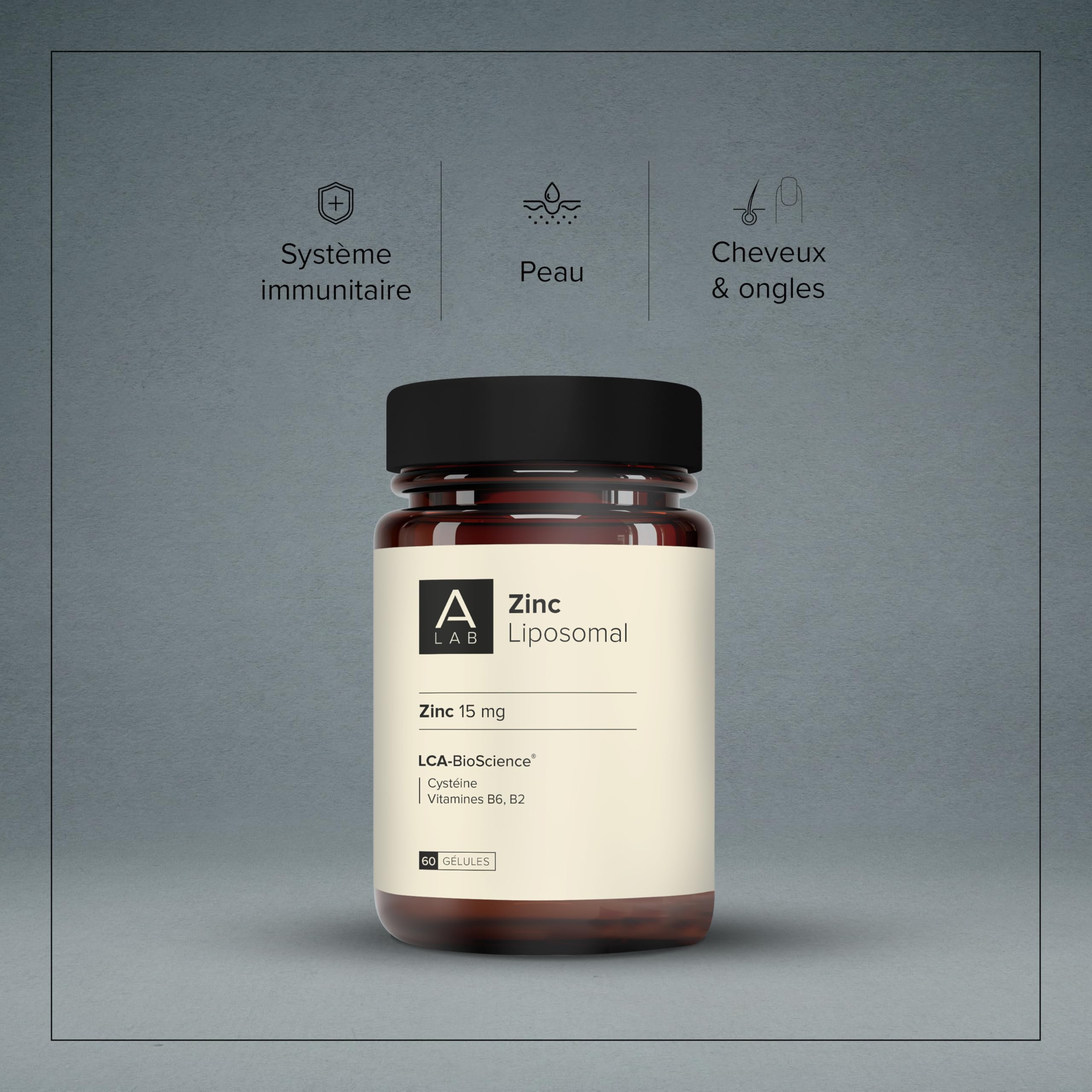 A-LAB Zinc Liposomal 15 mg - Assimilation Renforcée - Complément Alimentaire Immunité, Peau, Cheveux, Vision, Acné - 60 jours de prise - Fabriqué en France