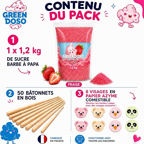 GREENDOSO® Sugar For Candy Floss Machine 1,2 KG Strawberry - 50 Sticks - 2