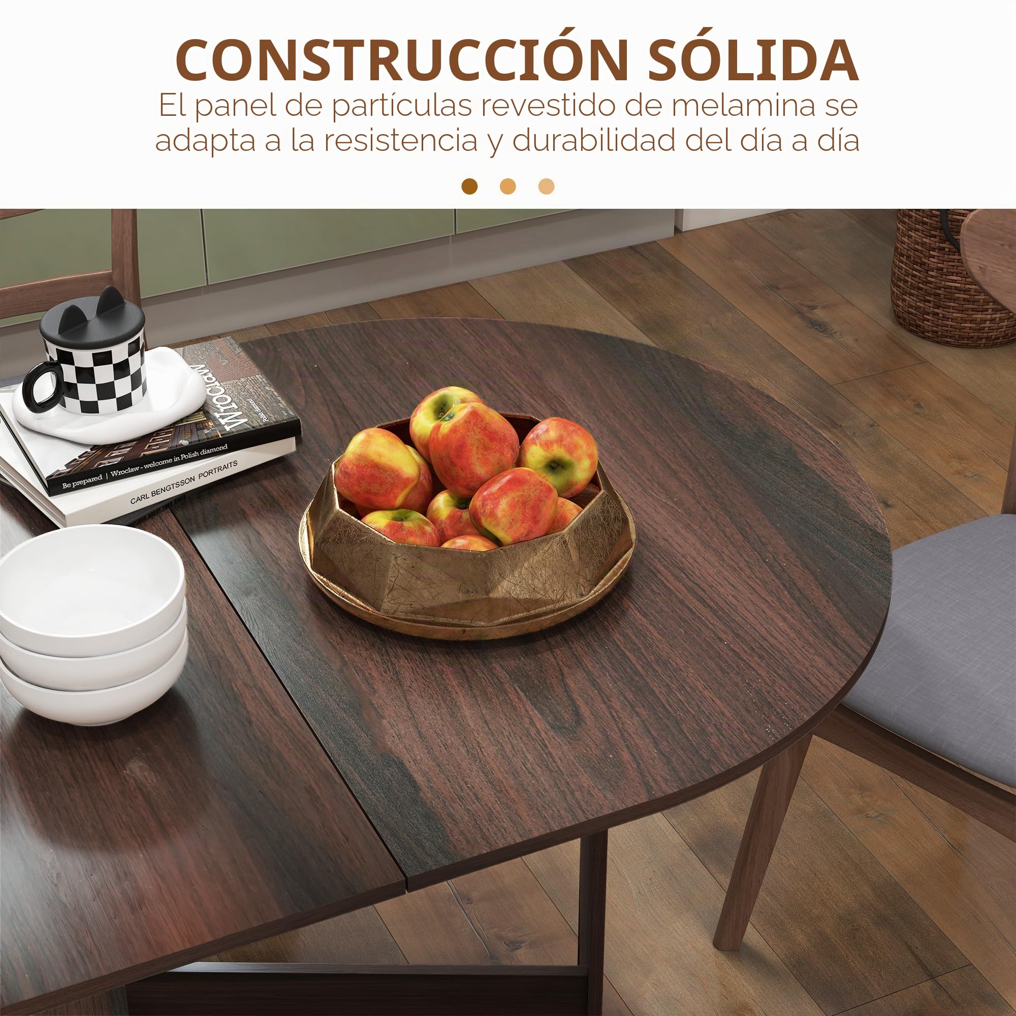 HOMCOM Mesa ahorra espacio de madera con 2 solapas ovaladas, mesa plegable para comedor y cocina, 163 x 80 x 75 cm, marrón
