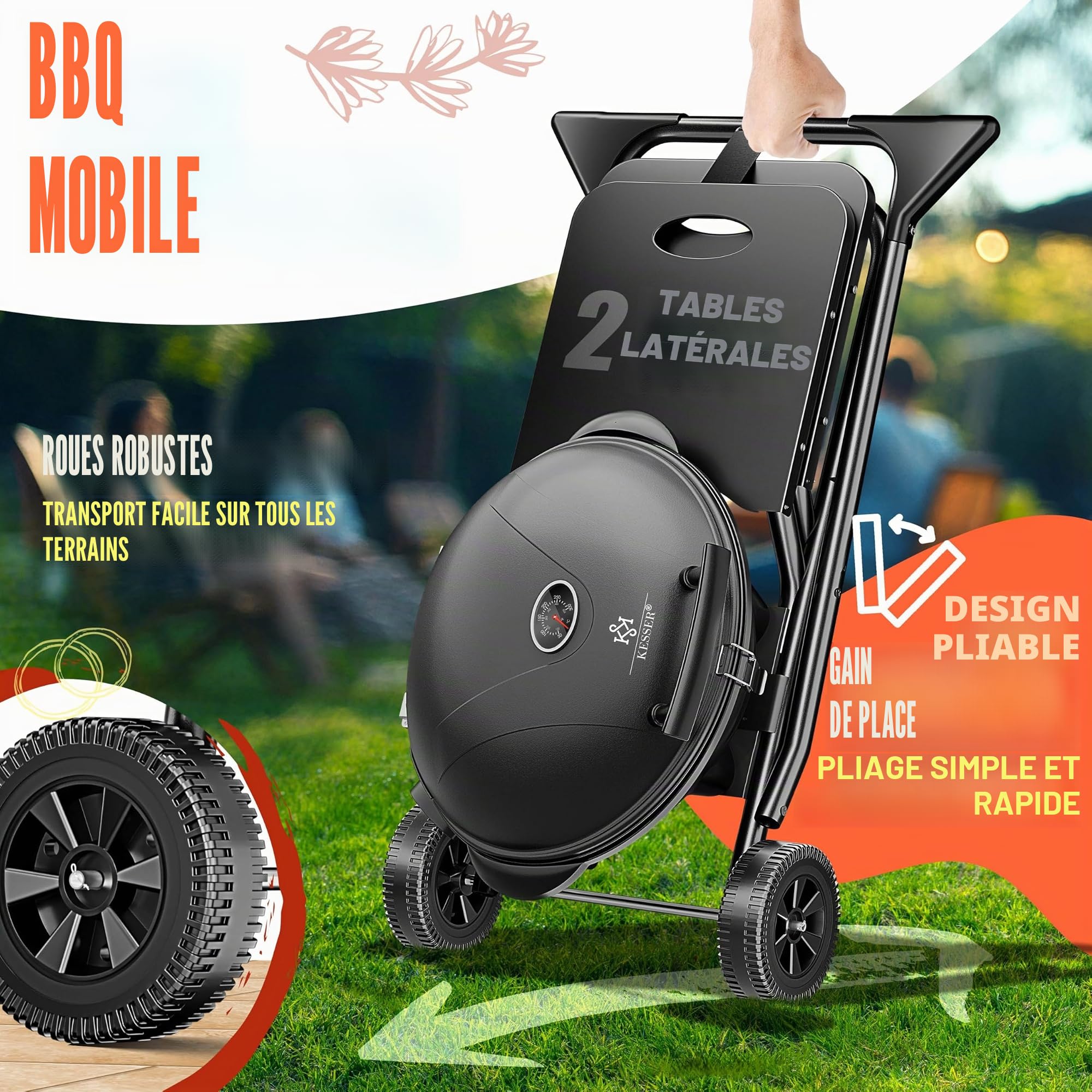 KESSER® barbecue électrique 2 en 1 de table - barbecue sur pied avec couvercle | max. 2400 Watts | Pliable | Thermostat | Revêtement antiadhésif | Plateau de grill avec tables de repos | 2 roues |