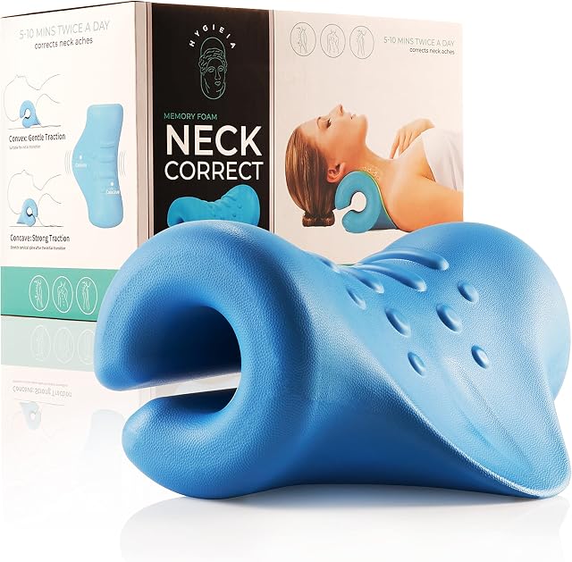 Hygieia Neck Stretcher for Neck Pain Relief | Memory Foam Orthopedic Neck Relaxer Pillow with Gentle and Strong Traction | Cervical Spine Alignment Chiropractic Pillow | Neck Correct
