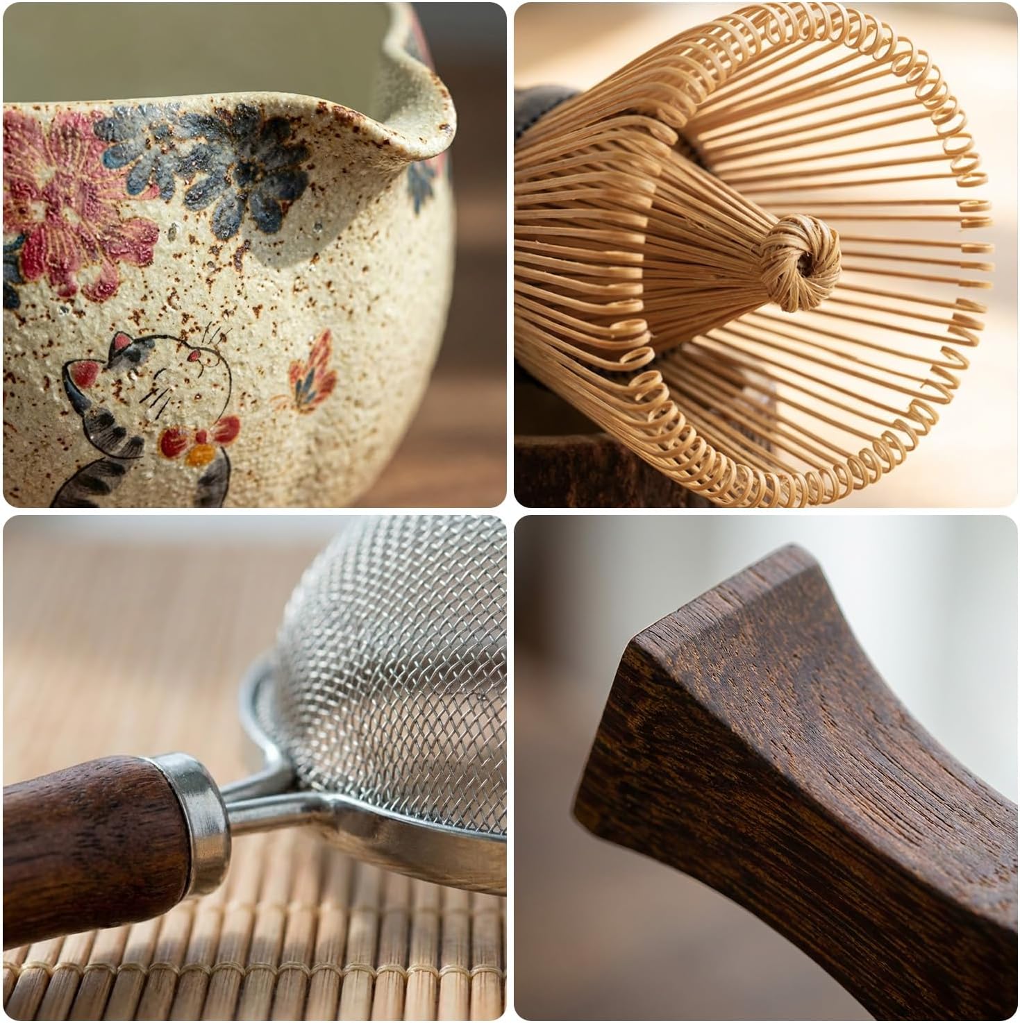 7-Piece Matcha Set with Matcha Bowl, Bamboo Whisk (Chasen) & Holder, Sifter, Tea Scoop & Rest, Special Bamboo Tea Mat - Perfect Matcha Kit for Matcha Lovers & Gift Giving, Kitty Pattern - Image 7