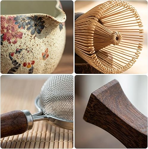 Vista 7 de Juego de 7 piezas de matcha con cuenco matcha, batidor de bambú (Chasen) y soporte, tamiz, cuchara de té y descanso, alfombrilla especial de té