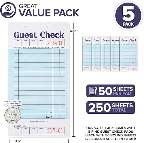 Miniatura 2 de Stock Your Home Libros azules de cheques de invitados para servidores (paquete de 5) bloc de notas de servidor, cuaderno de cheques de camarero,