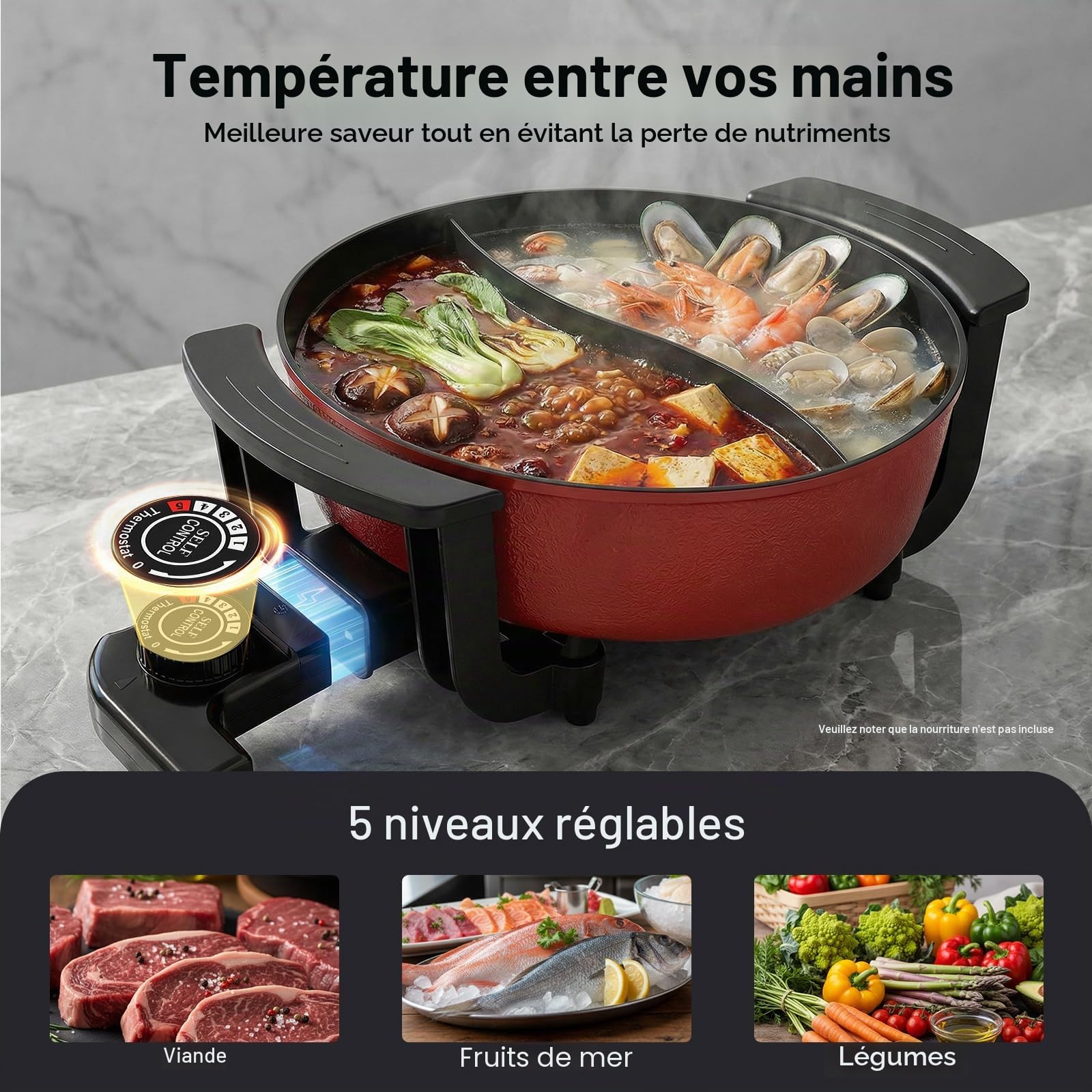 1360 W 6l Faitout électrique avec séparateur, Température réglable, Avec couvercle en verre, Prend en charge différentes méthodes de préparation, y compris la friture, la cuisson et la