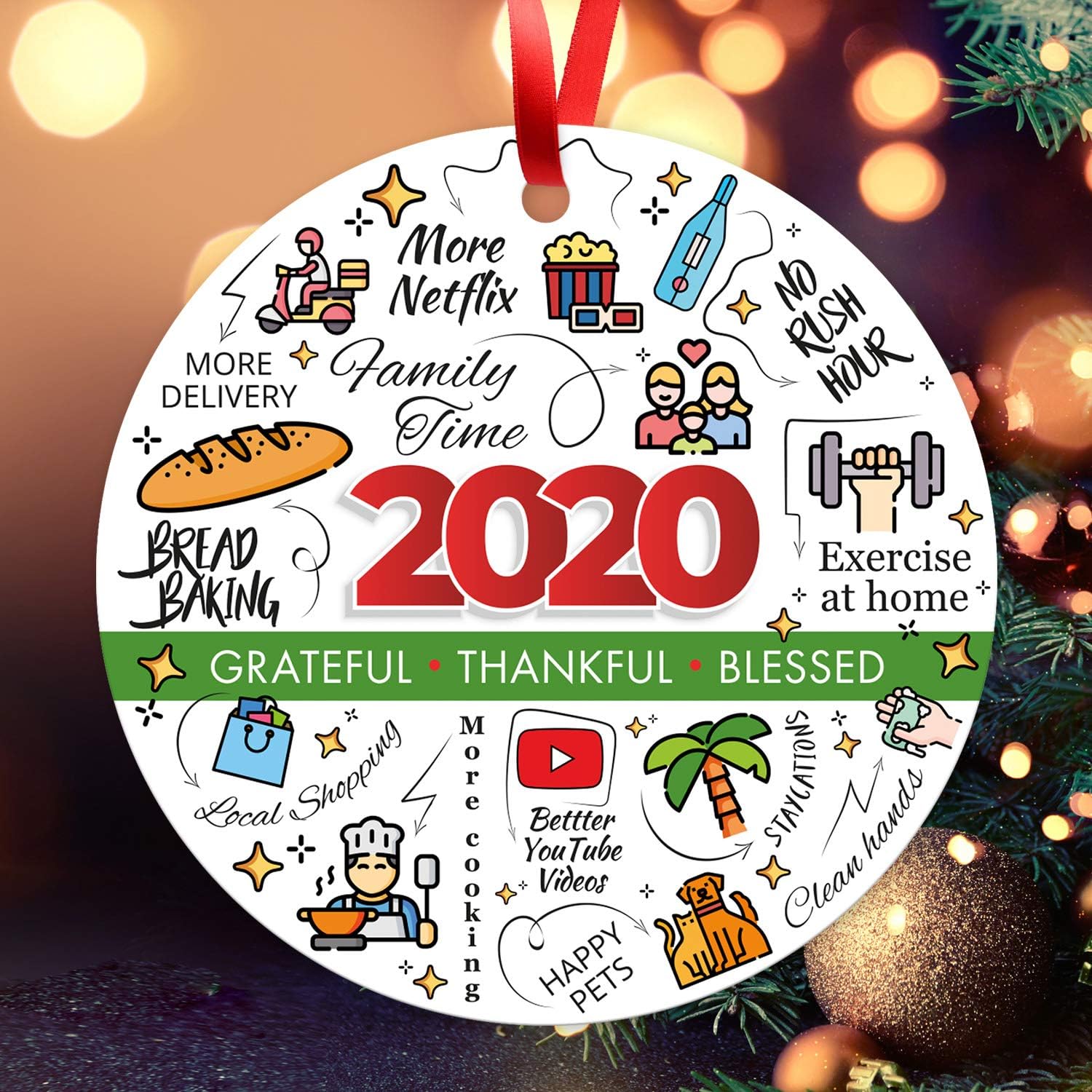 Soul Décor 2020 Christmas Ornament, Grateful Thankful Blessed, Great Tree Decorations, Large 3.75" Round Metal Ornament, Velvet Pouch Included