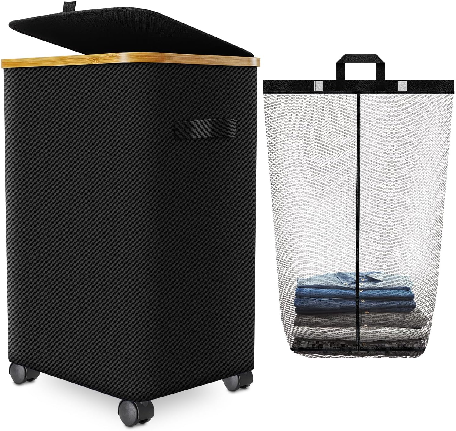 (Similar to stock photo) Laundry Hamper with Wheels,20 Gal (75L) Laundry Basket with lid Rolling Clothes Hamper Foldable Dirty Clothes Basket on wheels with Bamboo Frame and Bag for Bedroom, Dorm, Laundry Room-Black Black 75 L