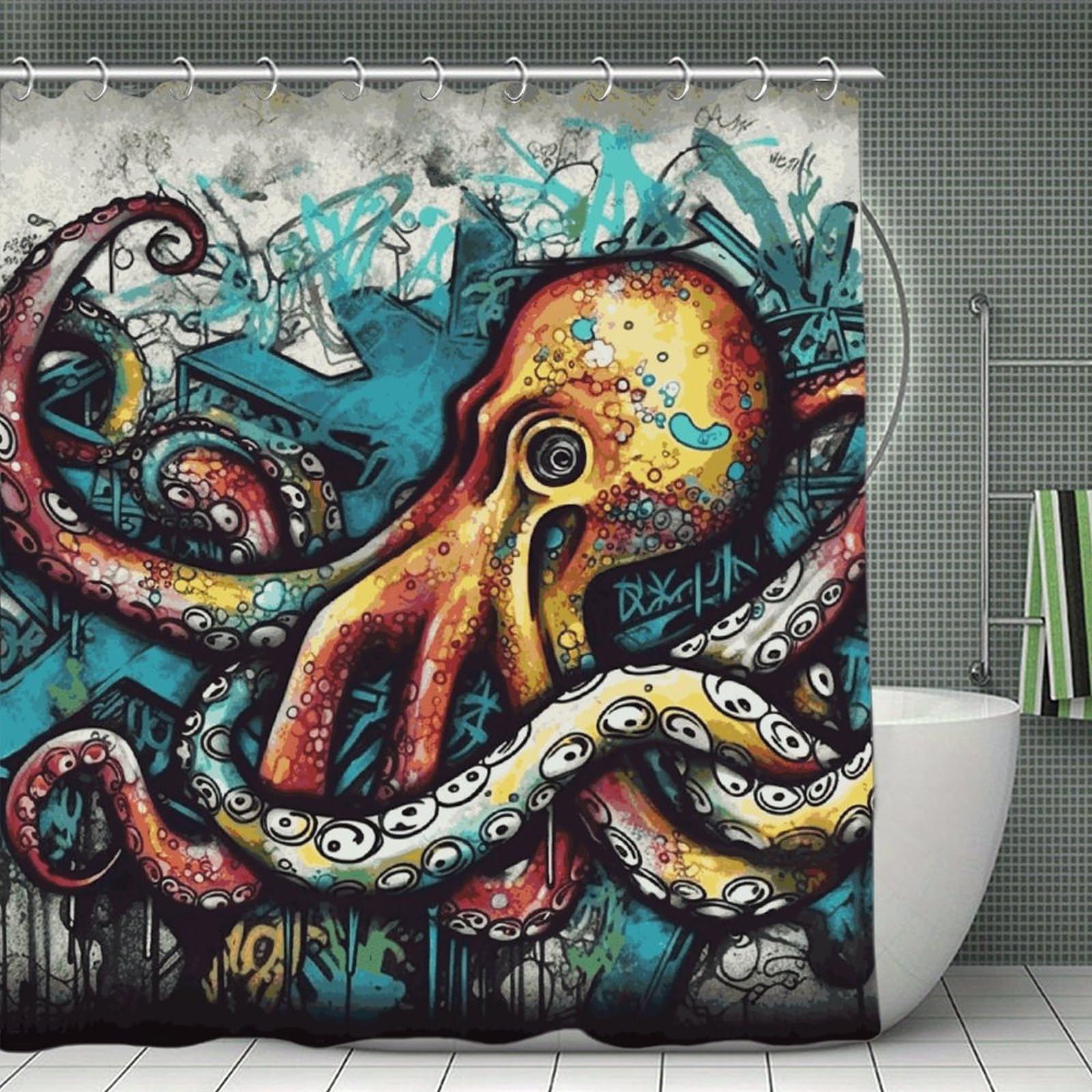 FekiLoot Color Graffiti Octopus Shower Curtain with Hooks Modern Farmhouse Bathroom Curtain Waterproof Cloth Bath Curtains Cute Washable Blackout Privacy Curtains for Bathroom Bathtub 70.8"x70.8"