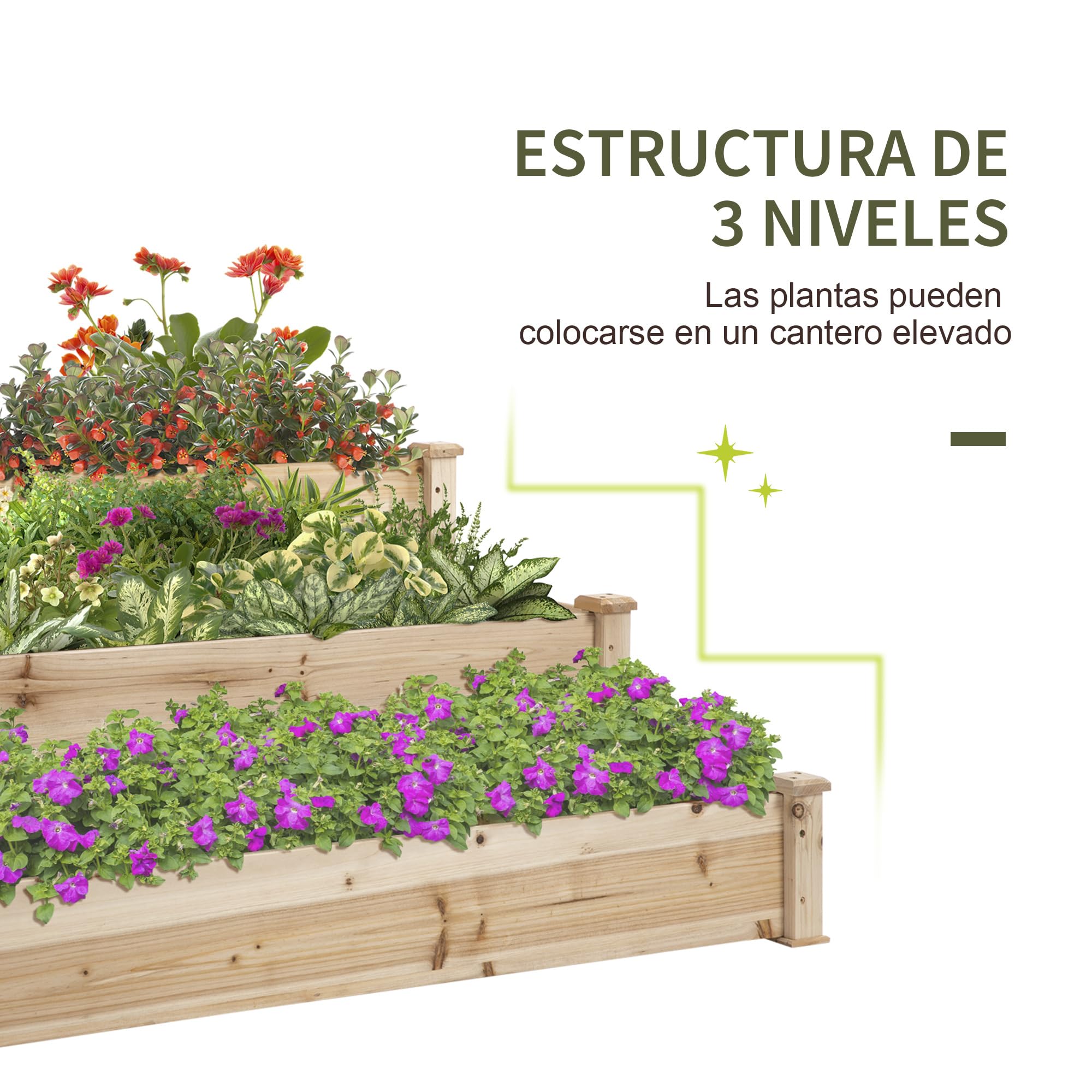 Outsunny Jardinera Exterior Grande de Madera Arriate de Jardín de 3 Niveles con Diseño de Escalera Huerto Urbano para Cultivos Plantas Flores para Patio Terraza Balcón 120x120x56 cm Natural