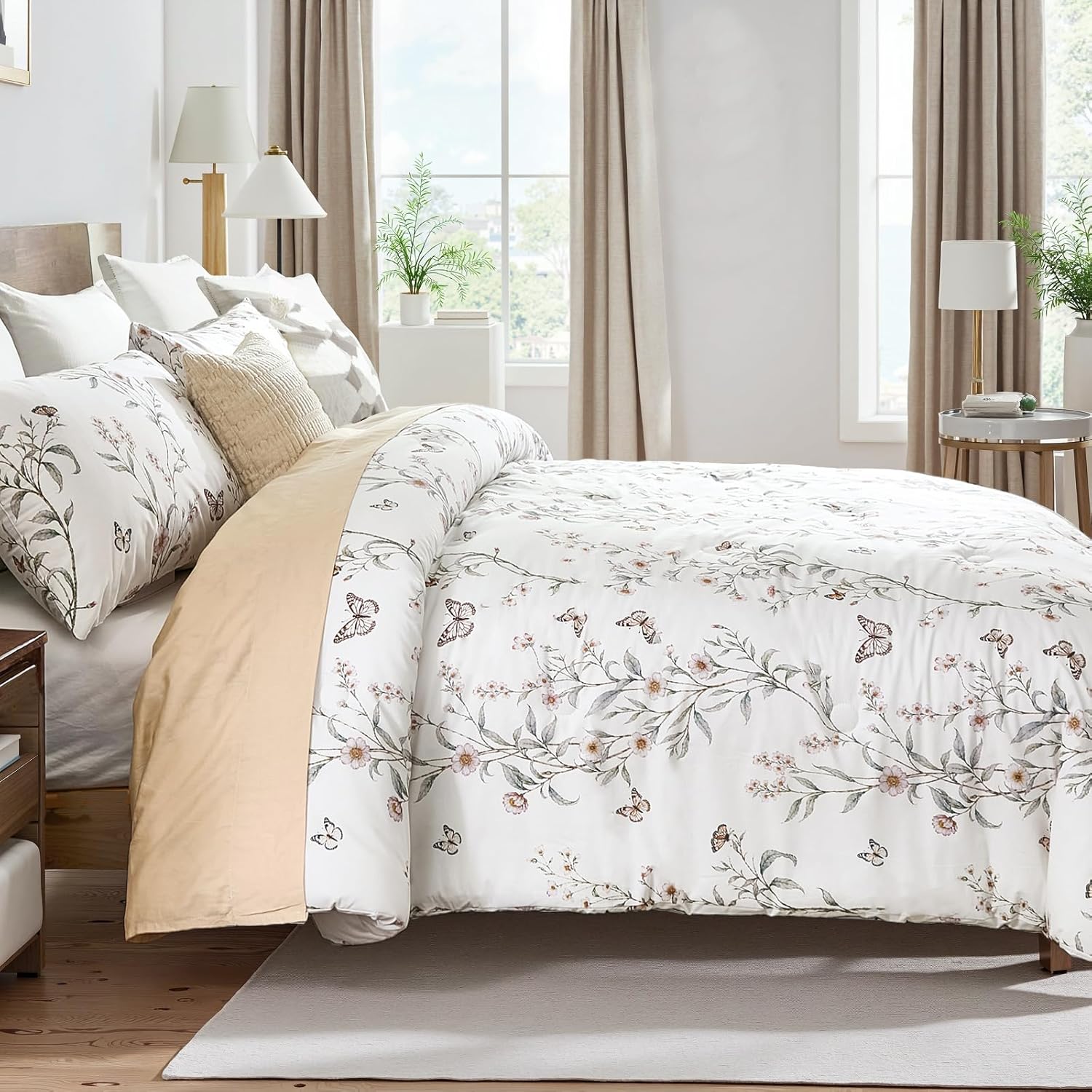 Bedorm Vintage Floral Comforter Set 100% Cotton King Bedding Set Green Leaf Flower Butterfly French Country Bedding 3 Pcs Extra Soft & Breathable Bed Comforter - Image 6