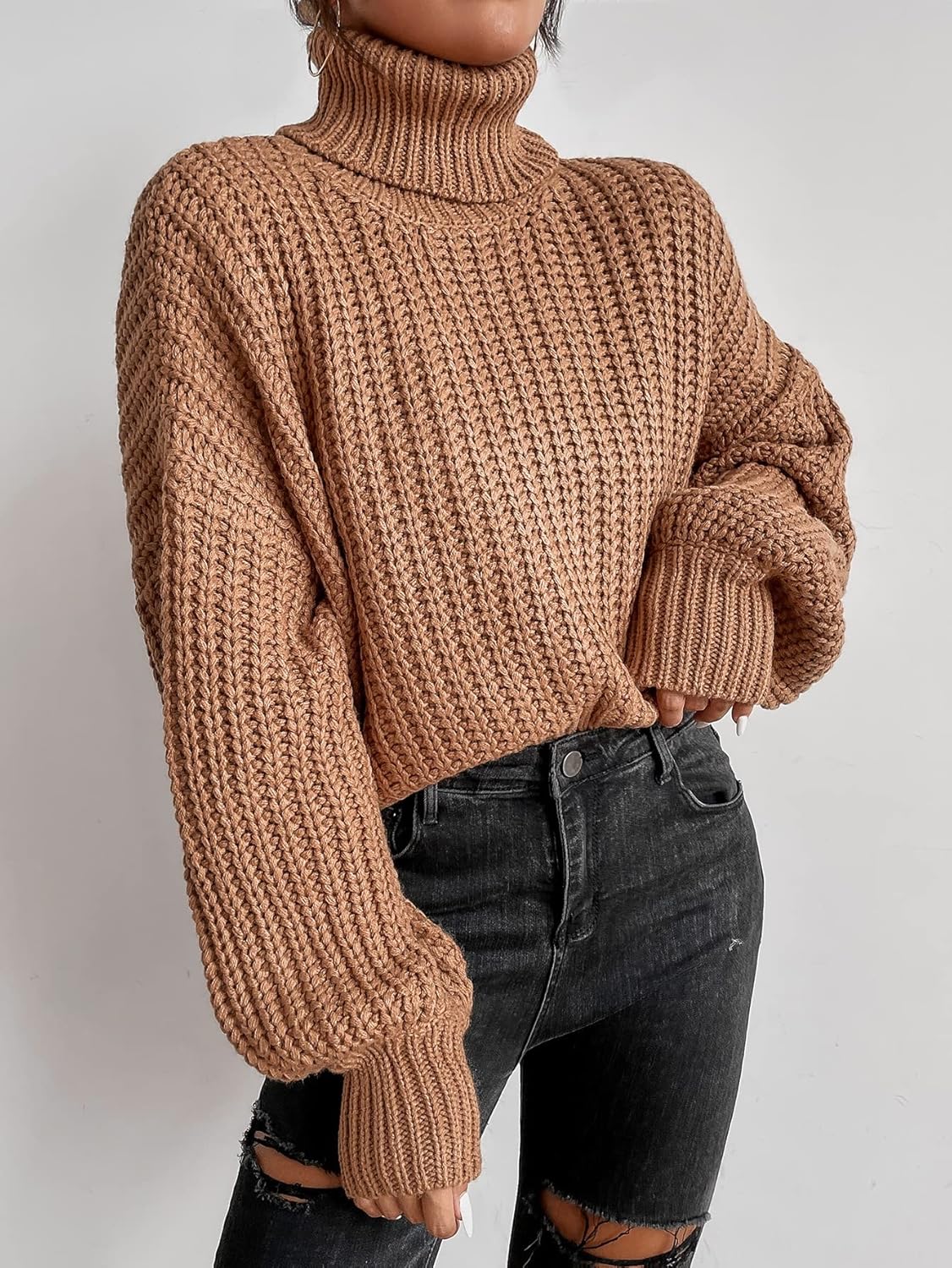 Women's Sweater Rolled Neck Drop Shoulder Sweater Sweater for Women (Color : Mocha Brown, Size : One-Size)
