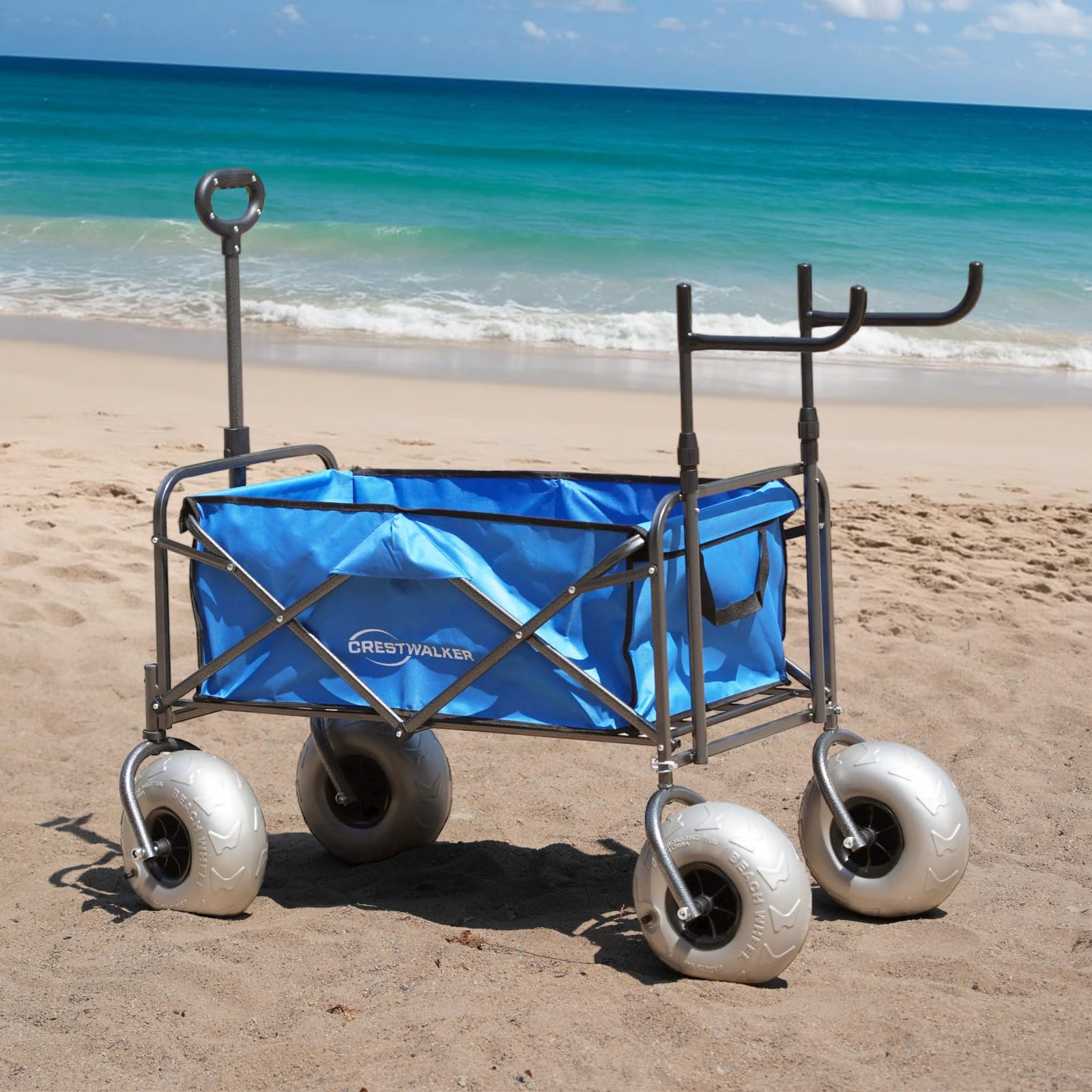 CRESTWALKER Beach Wagon with Balloon Wheels, Collapsible Cart with Big Wheels for Sand, Heavy Duty 300 lbs Capacity, Folds Thin with Quick-Release Forks (with Chair Racks, 10''x4'' Tire) : Patio