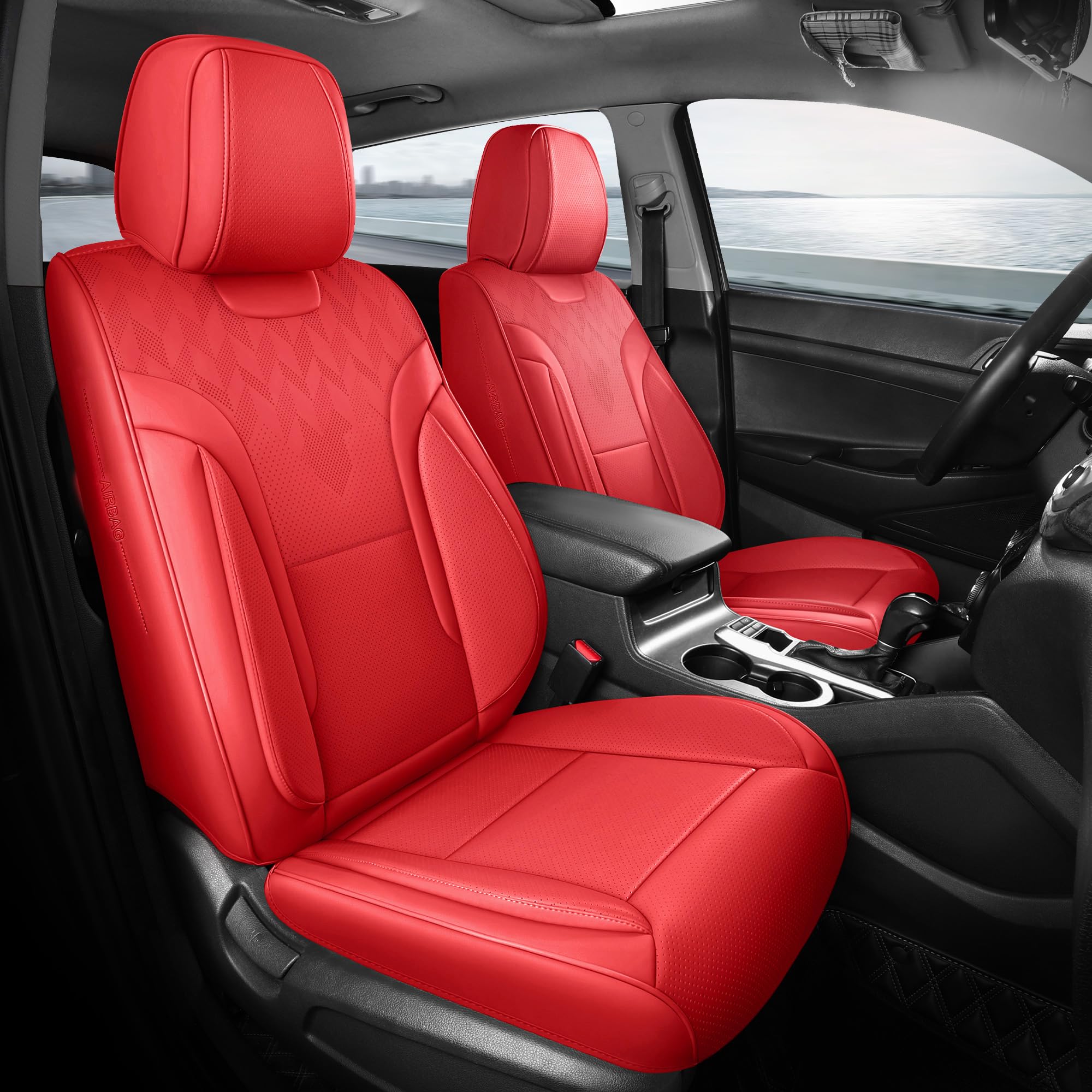 FEINEPRO - Juego completo de fundas para asientos de coche, color rojo, transpirables, de piel sintética, universales, 5 fundas para asientos, protectores para la mayoría de sedanes, SUV y camionetas.
