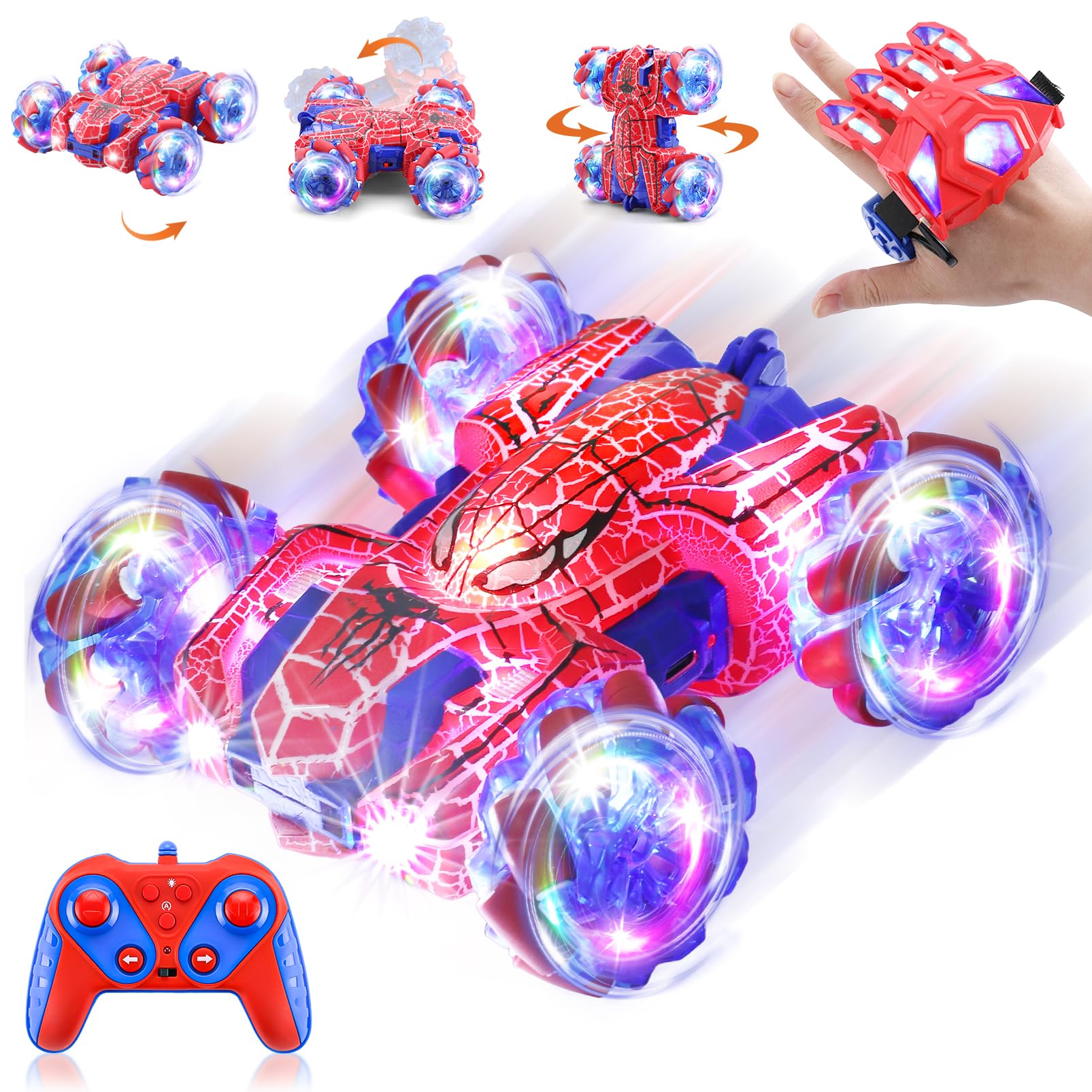 Gesture Sensing Remote Control Car, 2.4Ghz RC Cars with Wholebody Light & Headlight, Hand Controlled Double Sided Rechargeable RC Stunt Car Spider Toys for Boys 4-6 5-7 8-13