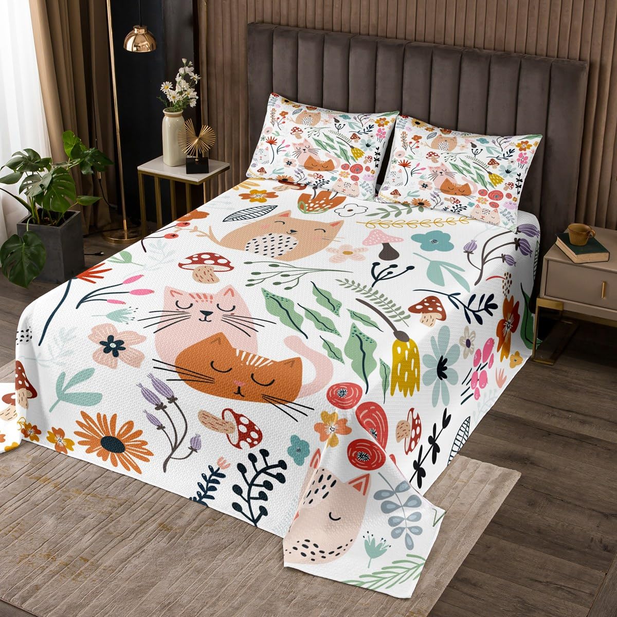 Homewish Couvre-lit 240x220 Chat de Dessin Animé pour Enfants Filles Garçons, Dessus de lit Feuilles Fleurs, Couverture de lit Animaux Mignons Chatons, Décoration de Chambre Kawaii