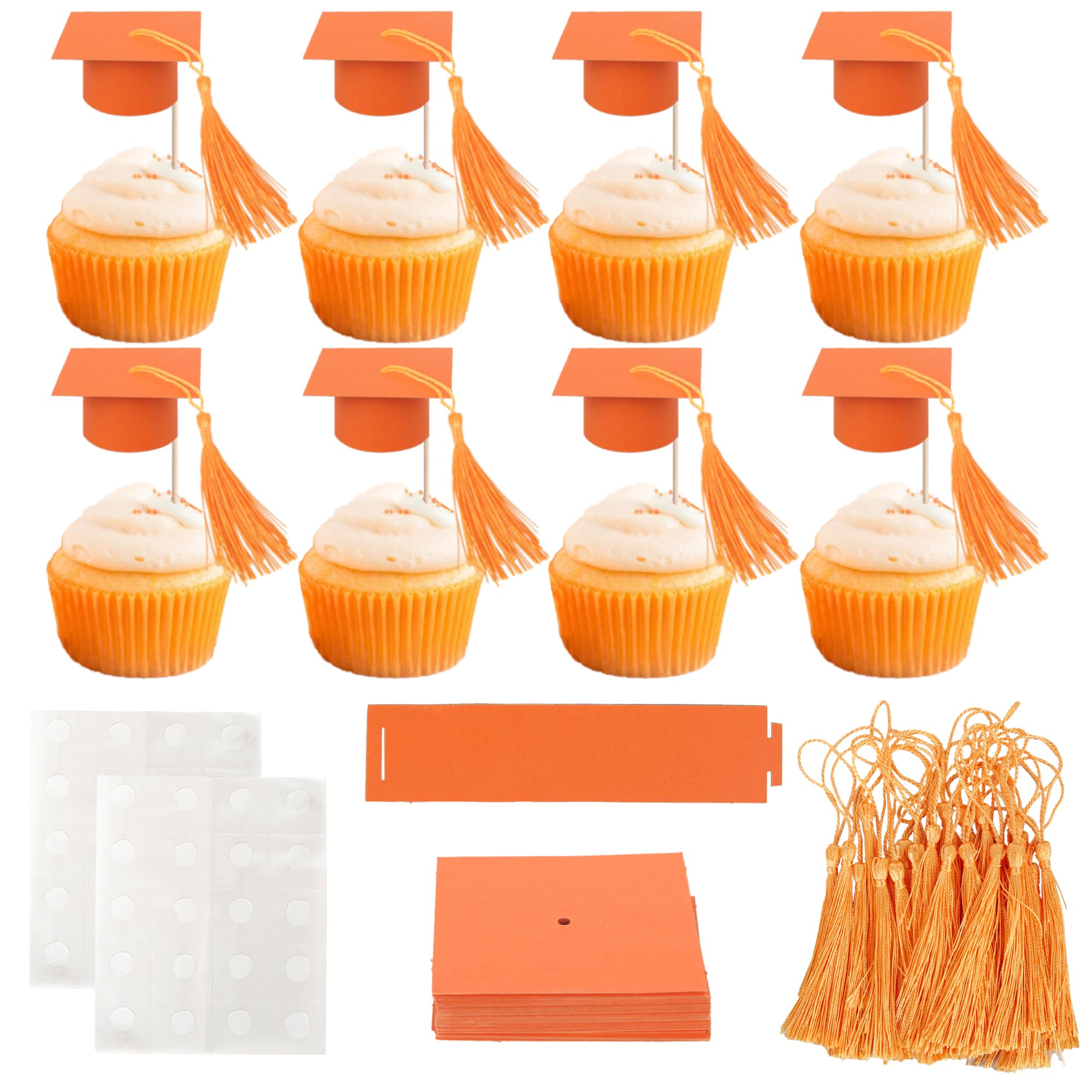 24 Pack 2026 Graduation Cap Cupcake Toppers with Tassel Class of 2026 Congrats Grad Cupcake Picks Mini Graduation Caps Chocolate Decorations for 2026 Graduation Party Cake Decorations Orange