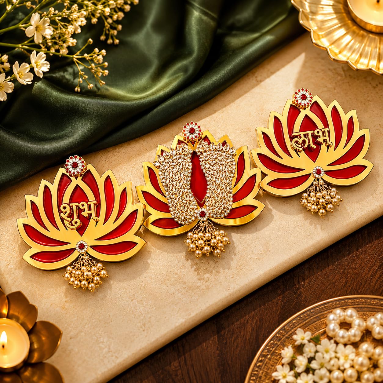 Lazybeee 3Pc Shubh Labh Set With Laxmi Charan | Handcrafted Shubh Laabh Set On Lotus With Kundan Stone Charan For Your Home Office Tijori Main Door Entrance-image-32